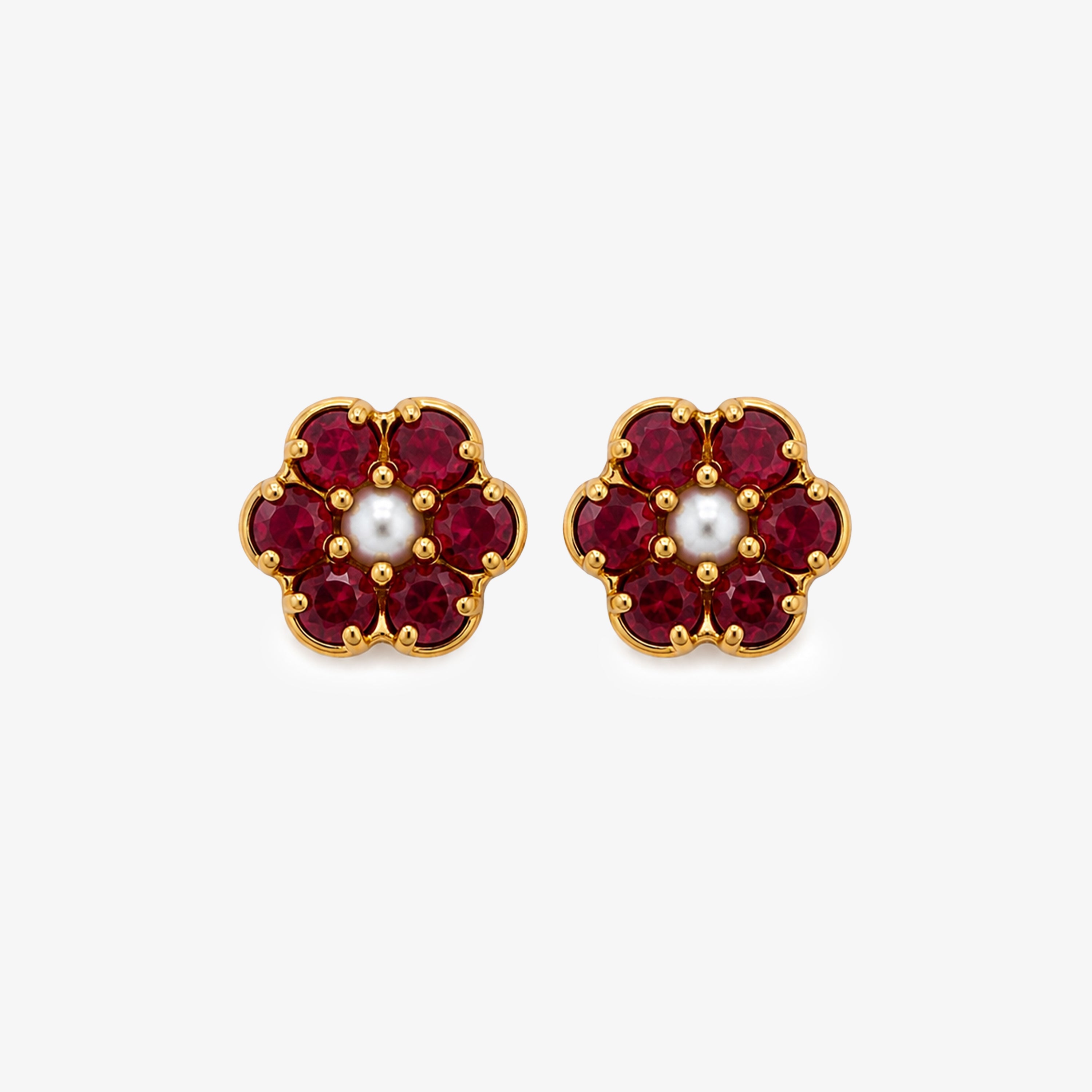 9ct Yellow Gold Ruby & Pearl Flower Cluster Stud Earrings