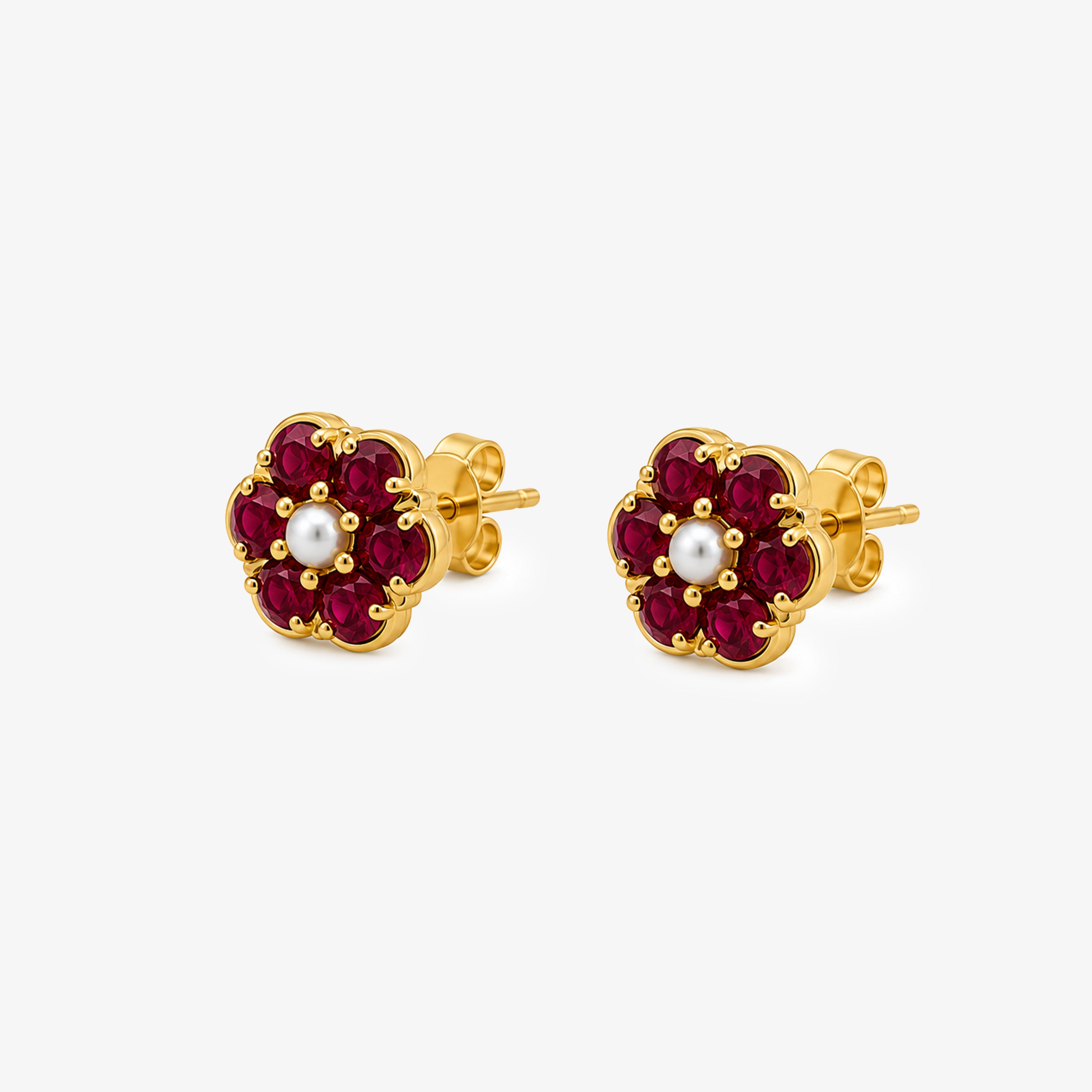9ct Yellow Gold Ruby & Pearl Flower Cluster Stud Earrings