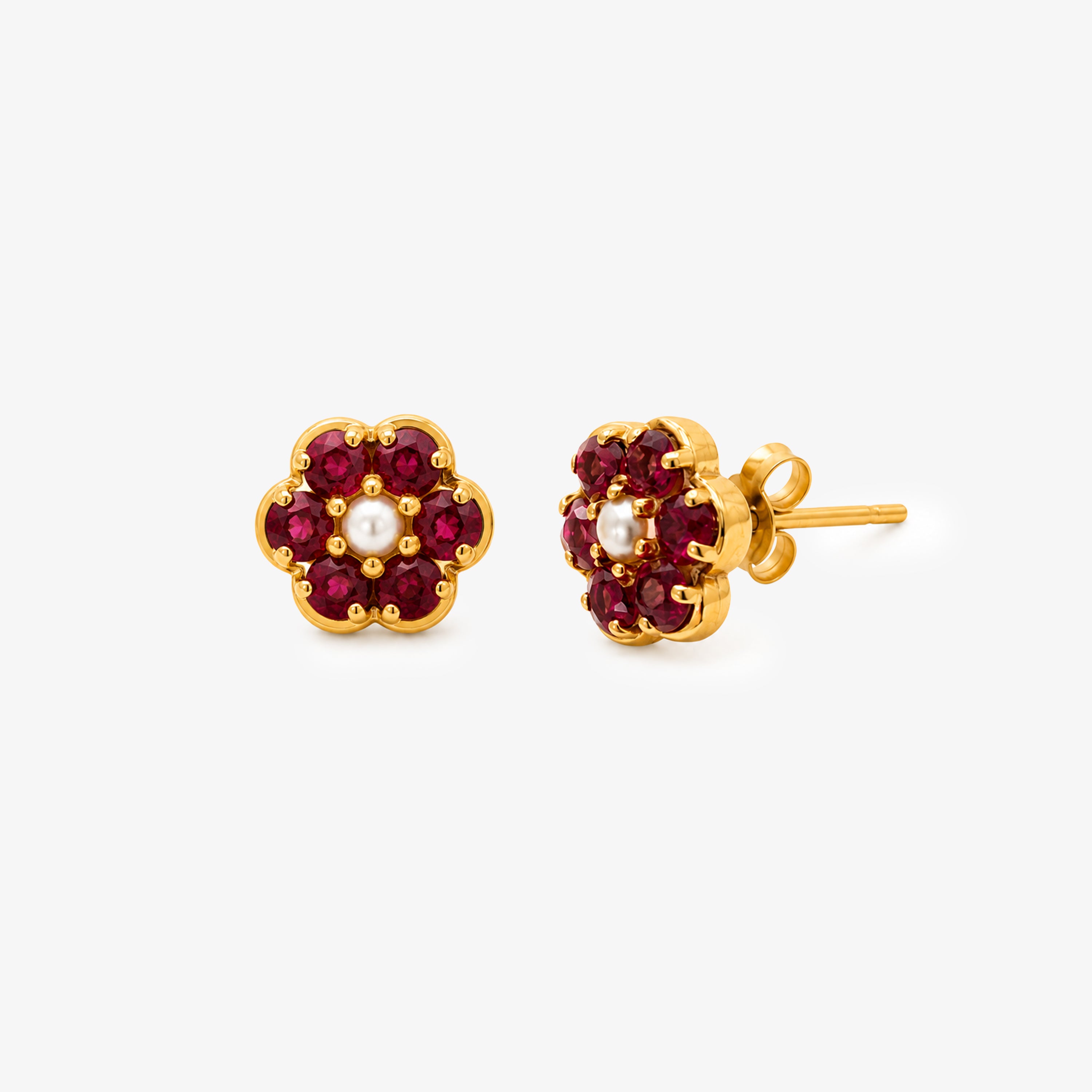 9ct Yellow Gold Ruby & Pearl Flower Cluster Stud Earrings
