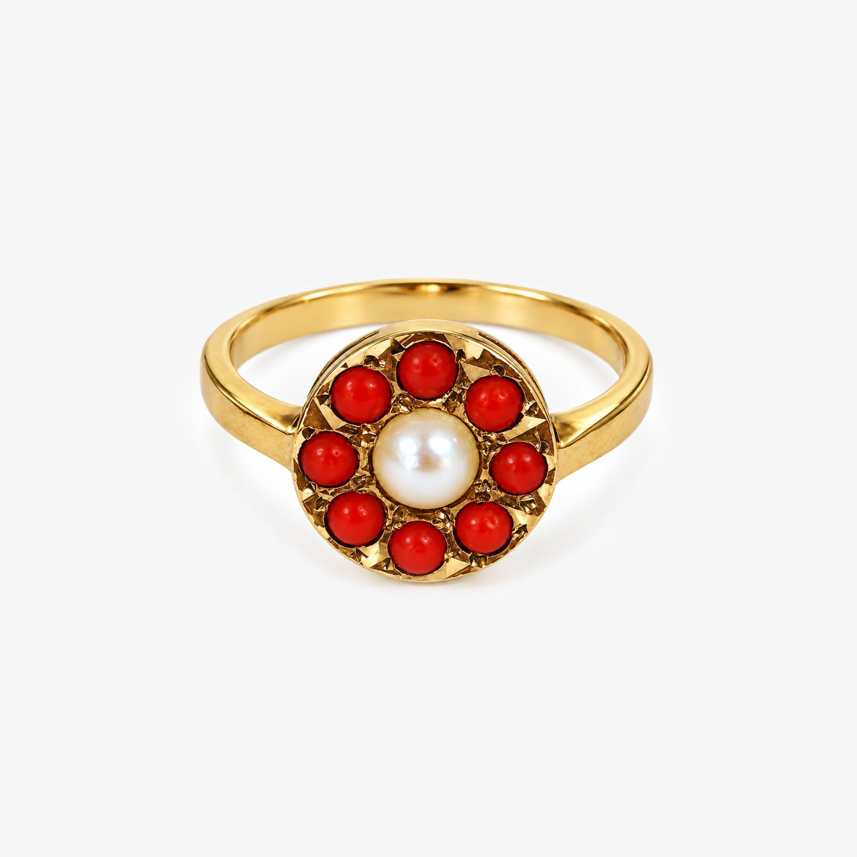 9ct Yellow Gold Coral & Pearl Cluster Ring — Vintage 1969
