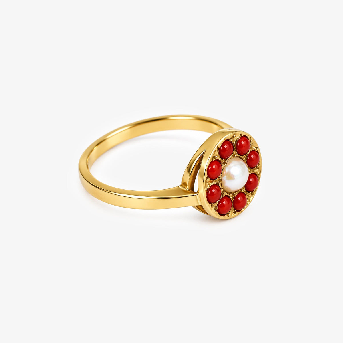 9ct Yellow Gold Coral & Pearl Cluster Ring — Vintage 1969