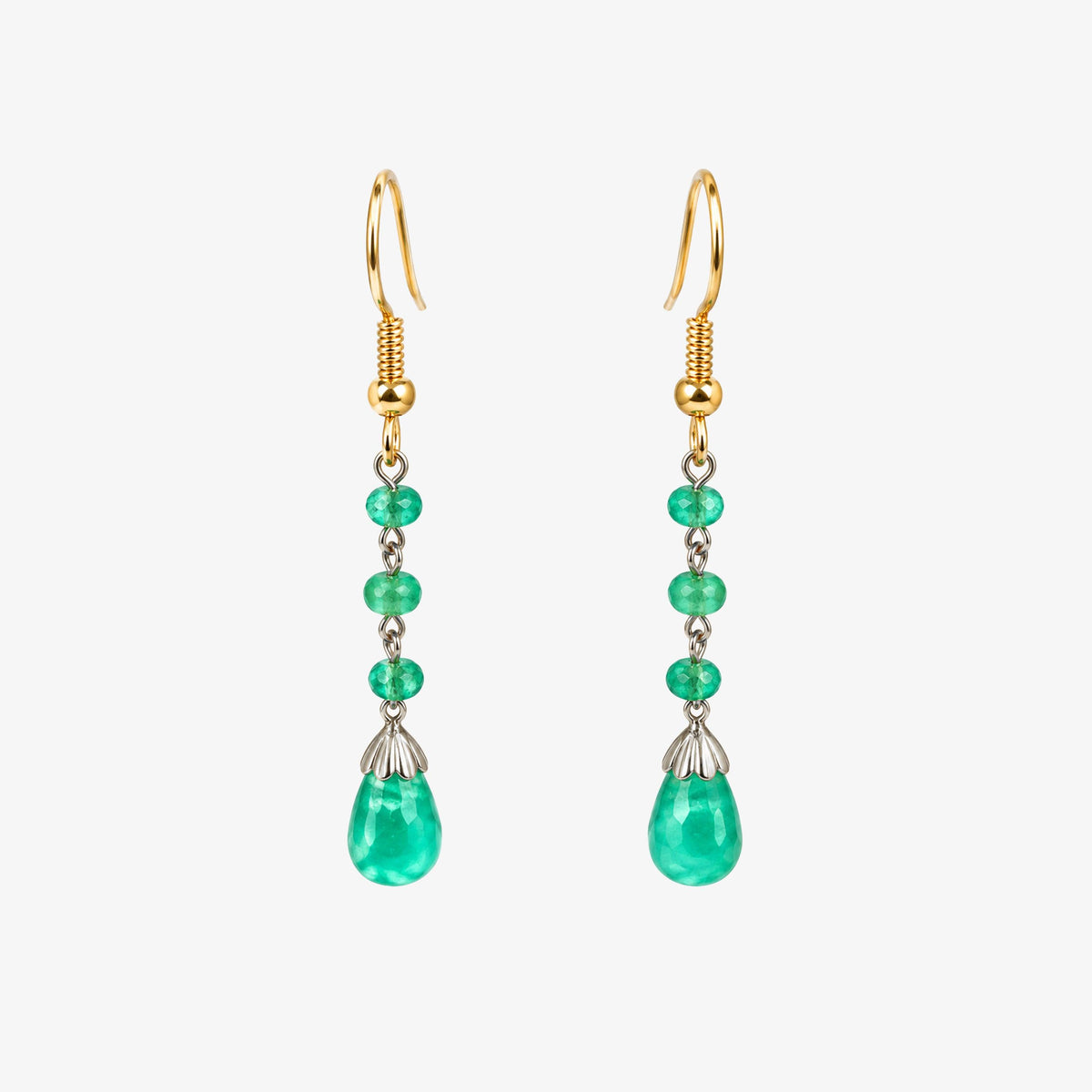 Silver Emerald Cabochon & Bead Drop Earrings