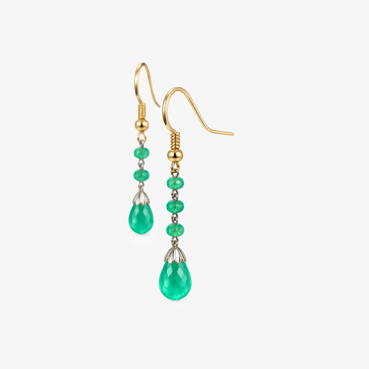 Silver Emerald Cabochon & Bead Drop Earrings