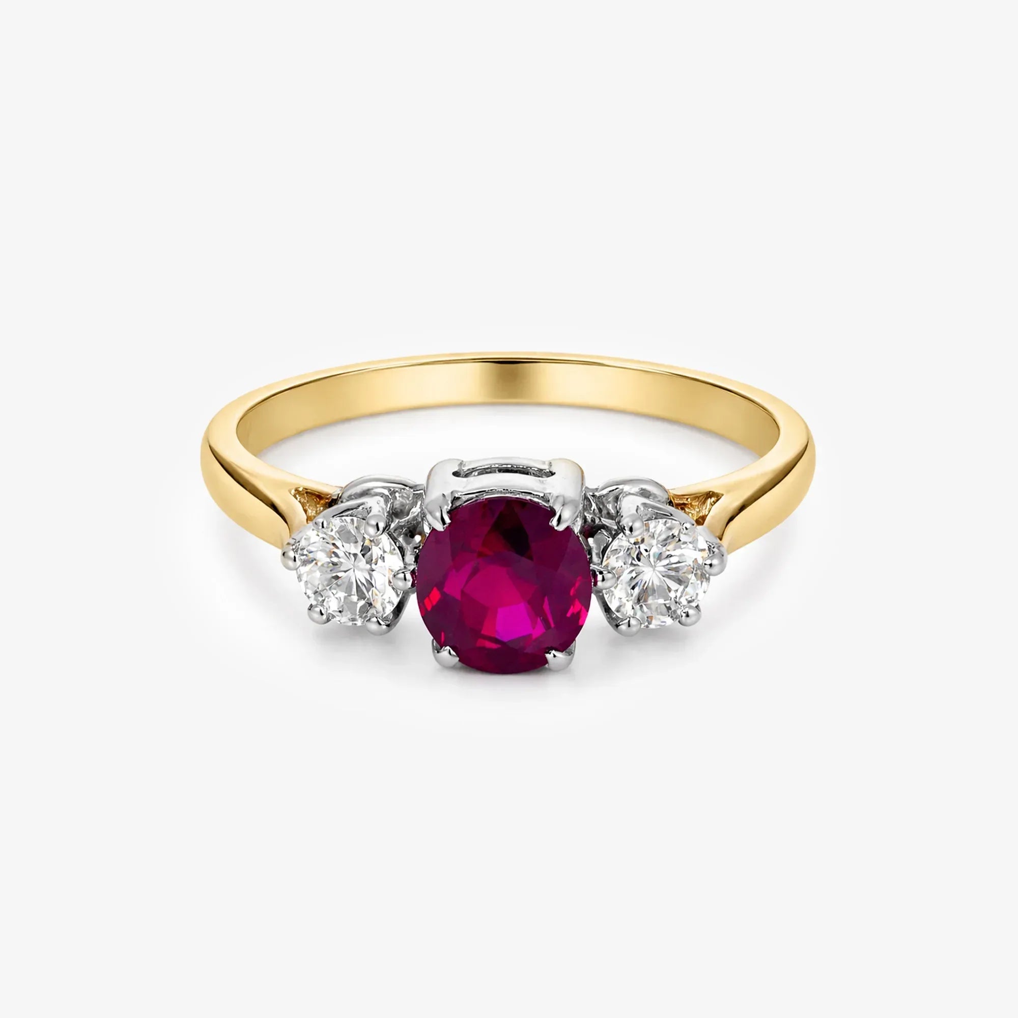 18ct Yellow Gold Oval Ruby and Diamond Three-Stone Ring - The Jewel House