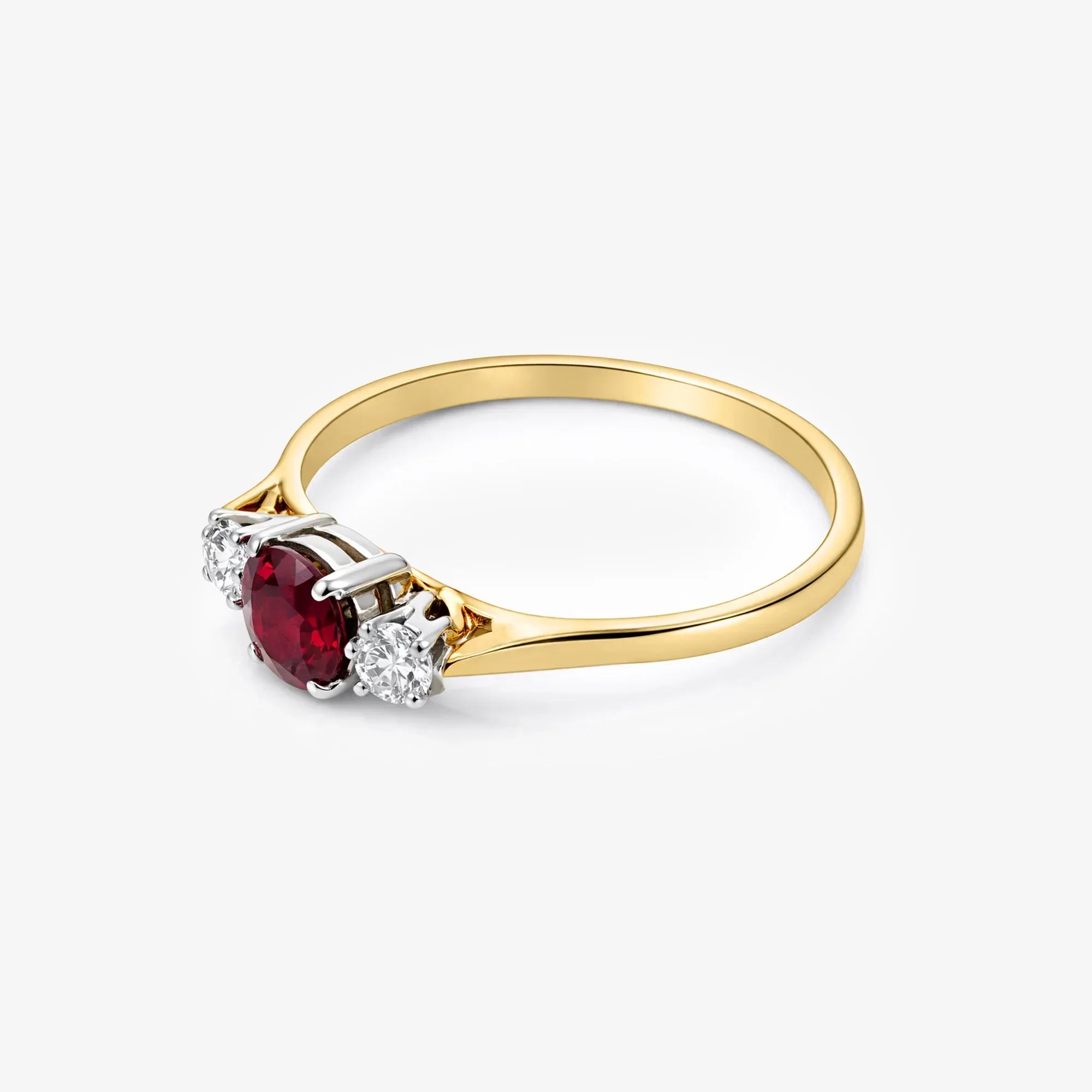 18ct Yellow Gold Oval Ruby and Diamond Three-Stone Ring - The Jewel House