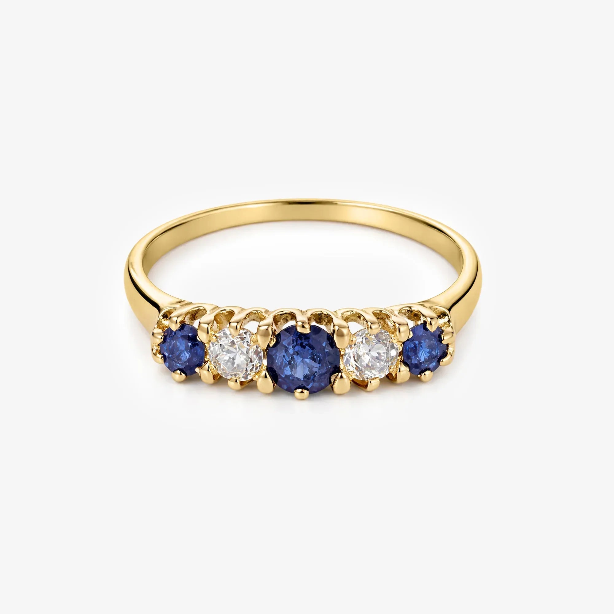 18ct Yellow Gold Sapphire and Diamond Five Stone Claw Set Ring - The Jewel House