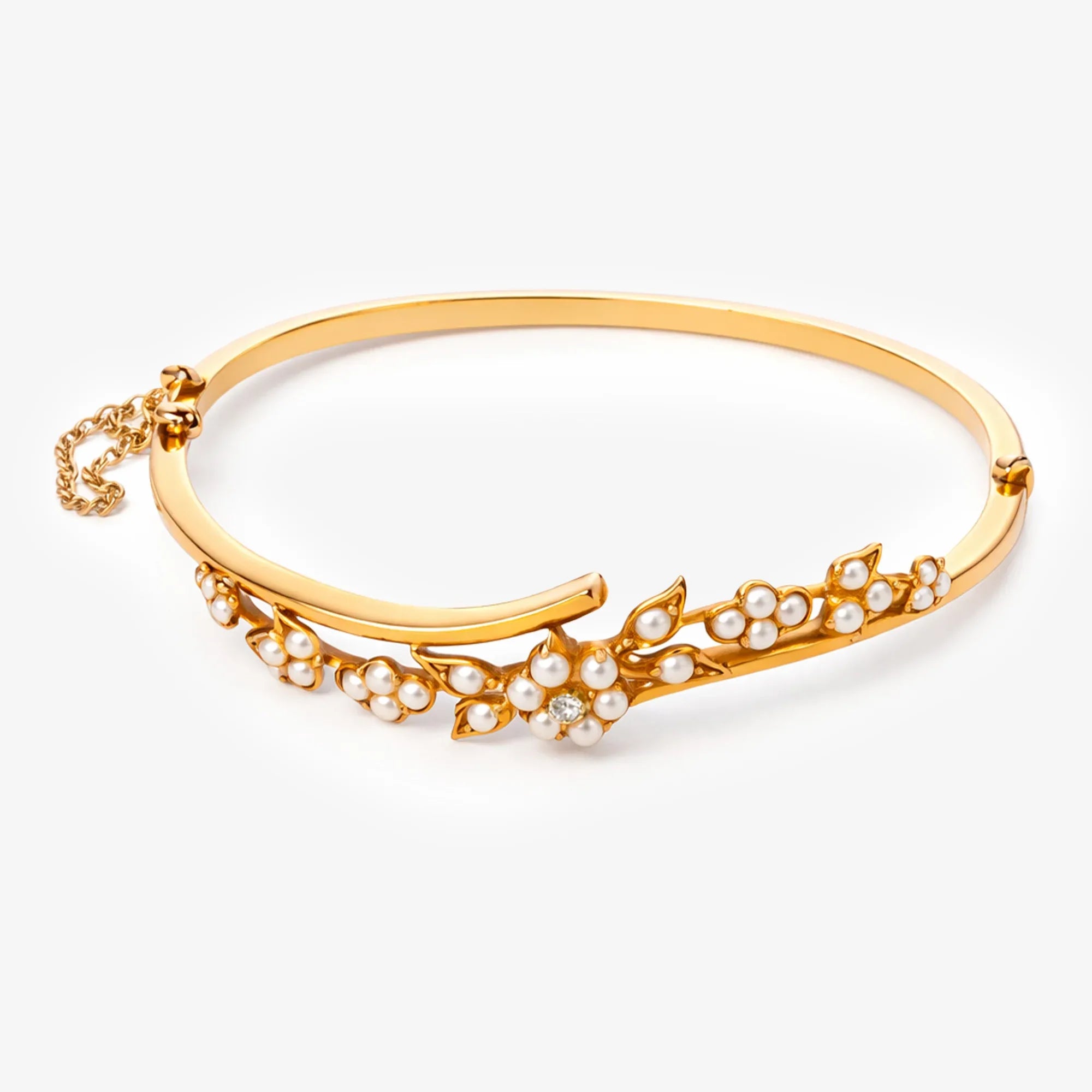 Victorian 15ct Yellow Gold Pearl and Diamond Floral Bangle - The Jewel House