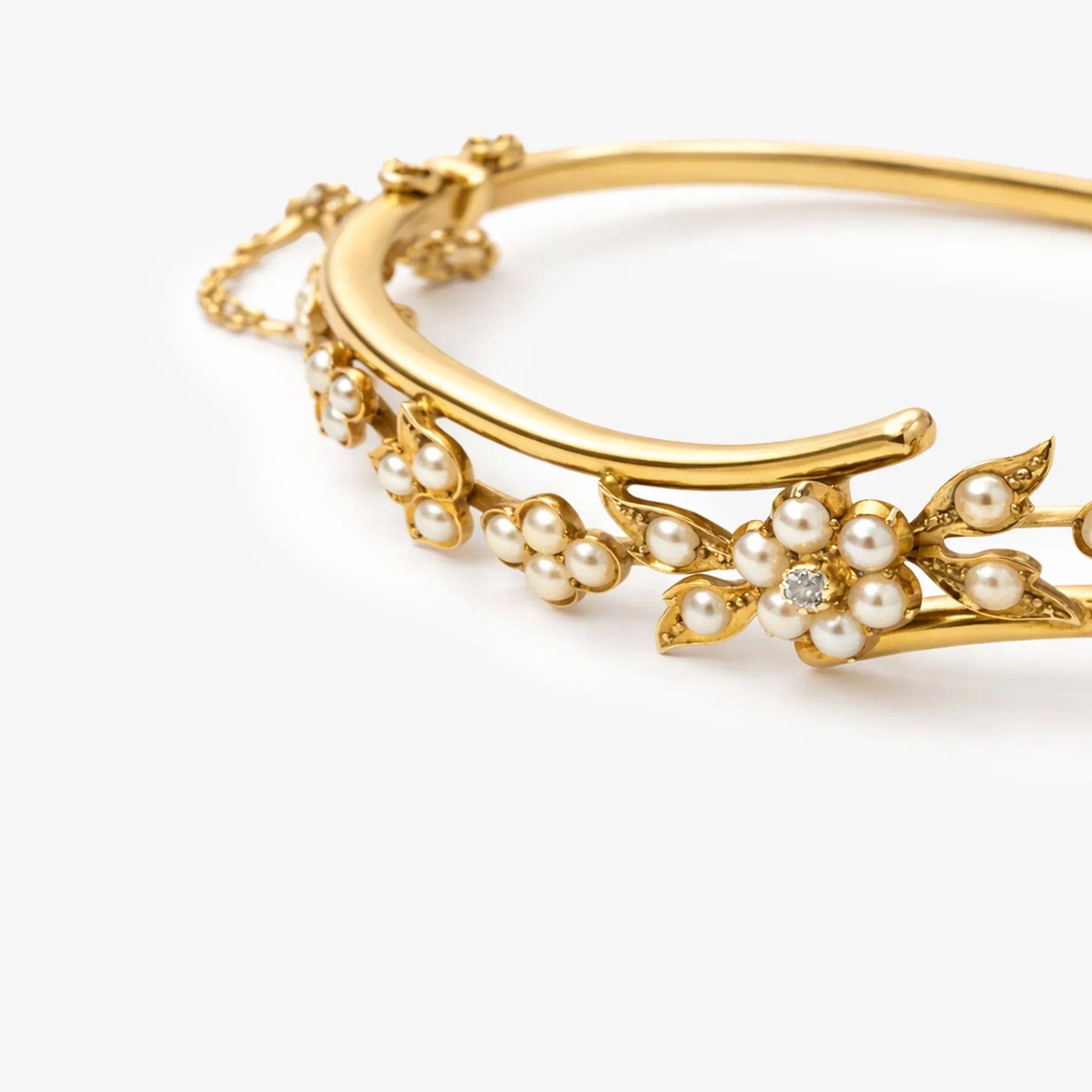 Victorian 15ct Yellow Gold Pearl and Diamond Floral Bangle - The Jewel House