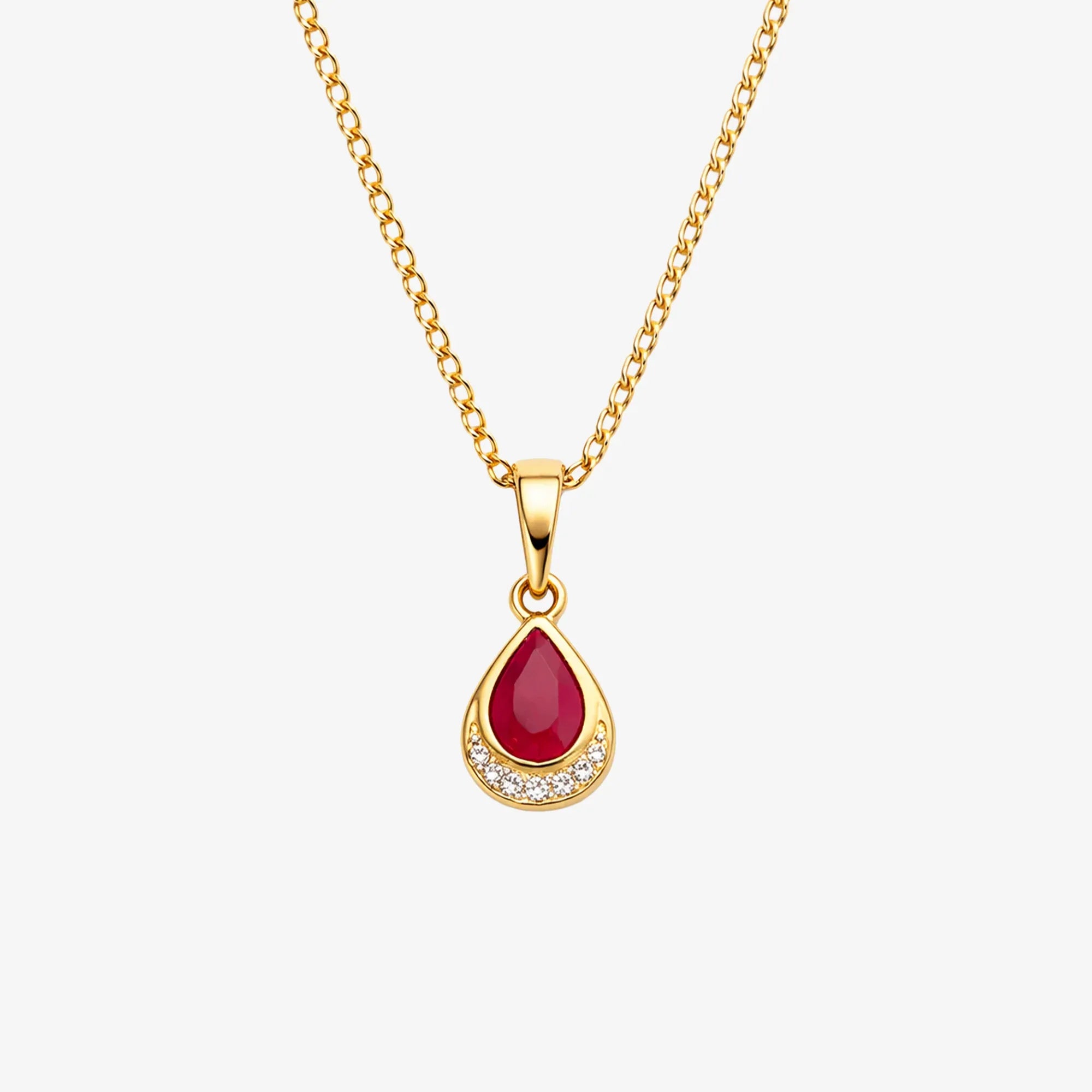 9ct Gold Ruby and Diamond Teardrop Pendant with Curb Chain - The Jewel House