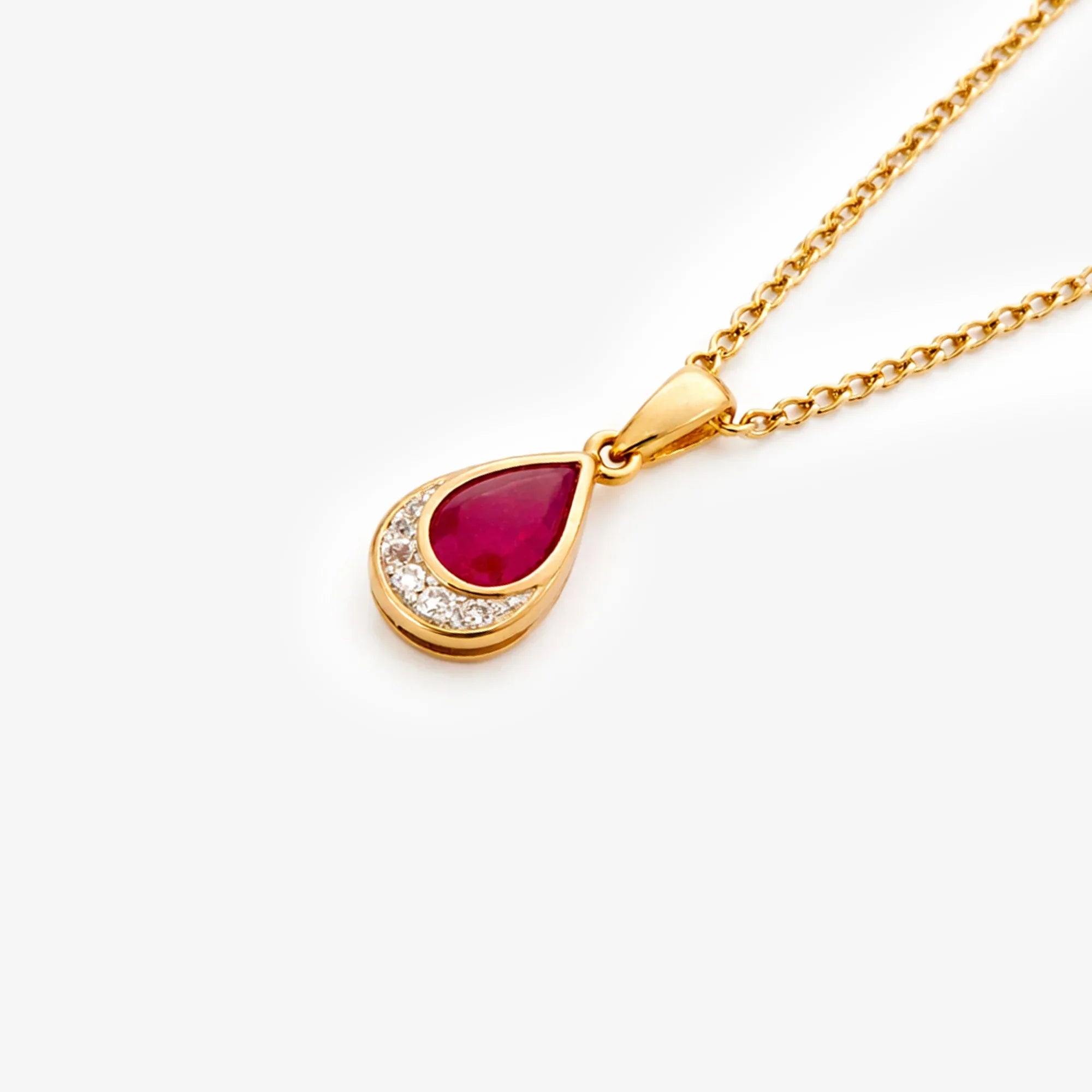 9ct Gold Ruby and Diamond Teardrop Pendant with Curb Chain - The Jewel House