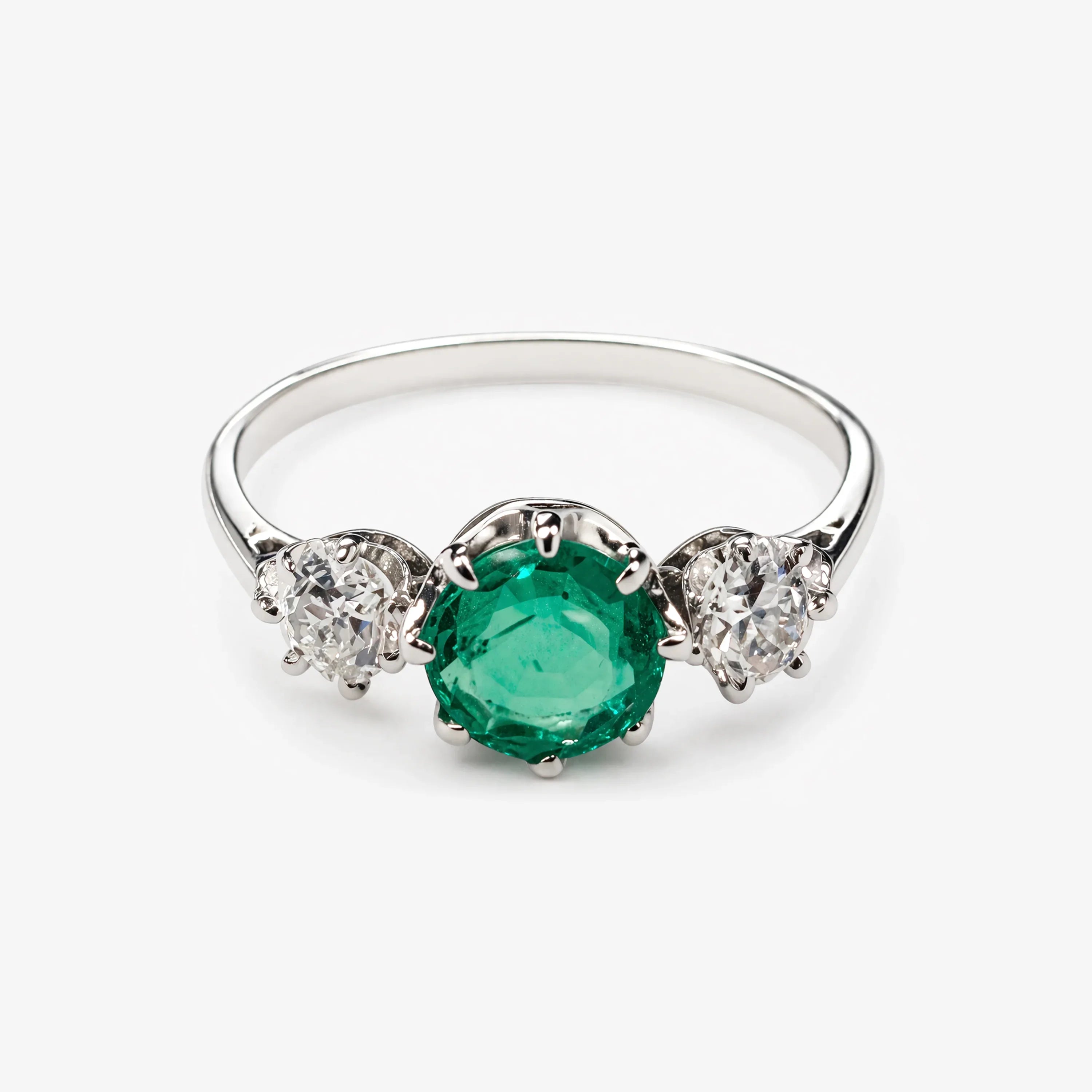 Emerald and Old Cut Diamond Trilogy Ring