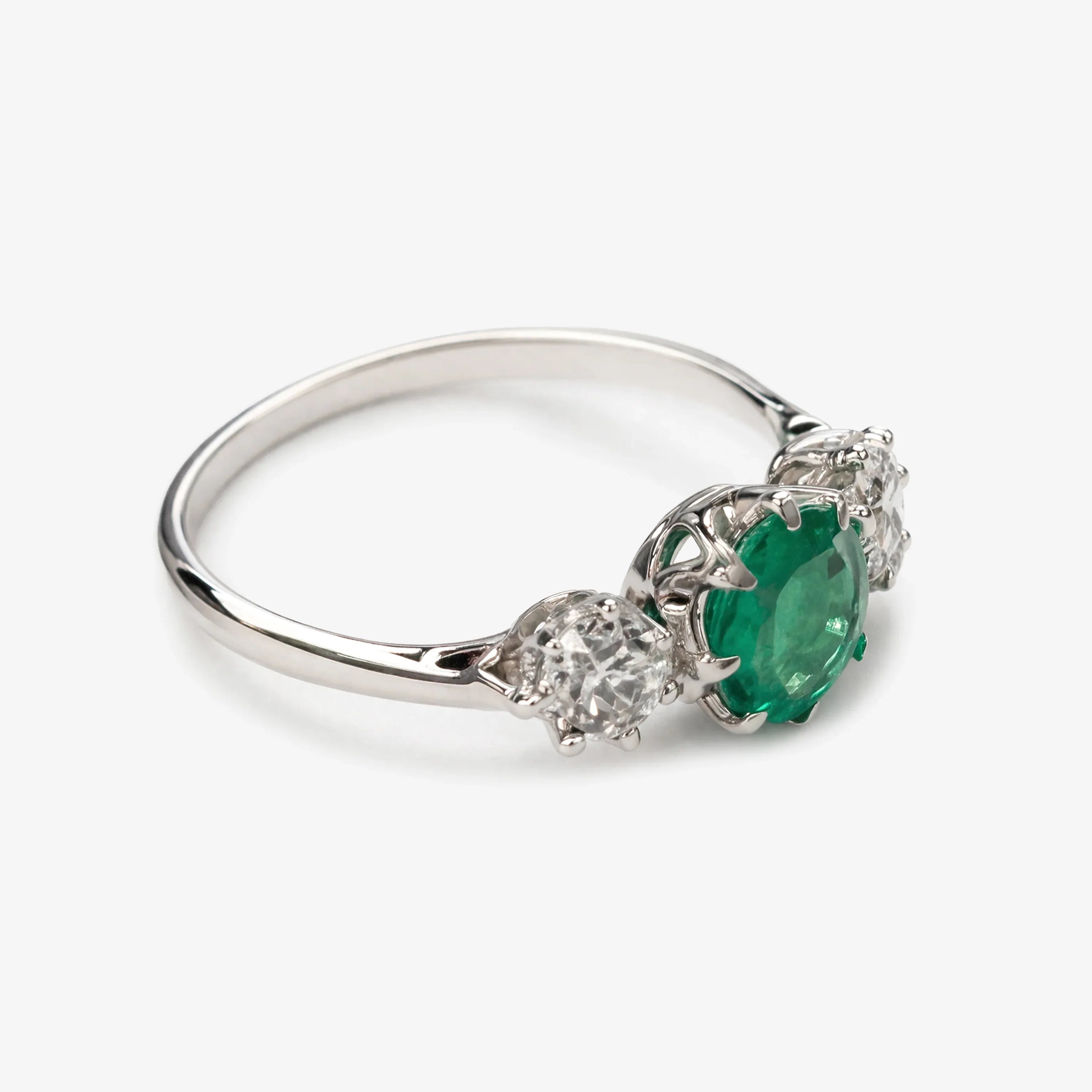 Emerald and Old Cut Diamond Trilogy Ring