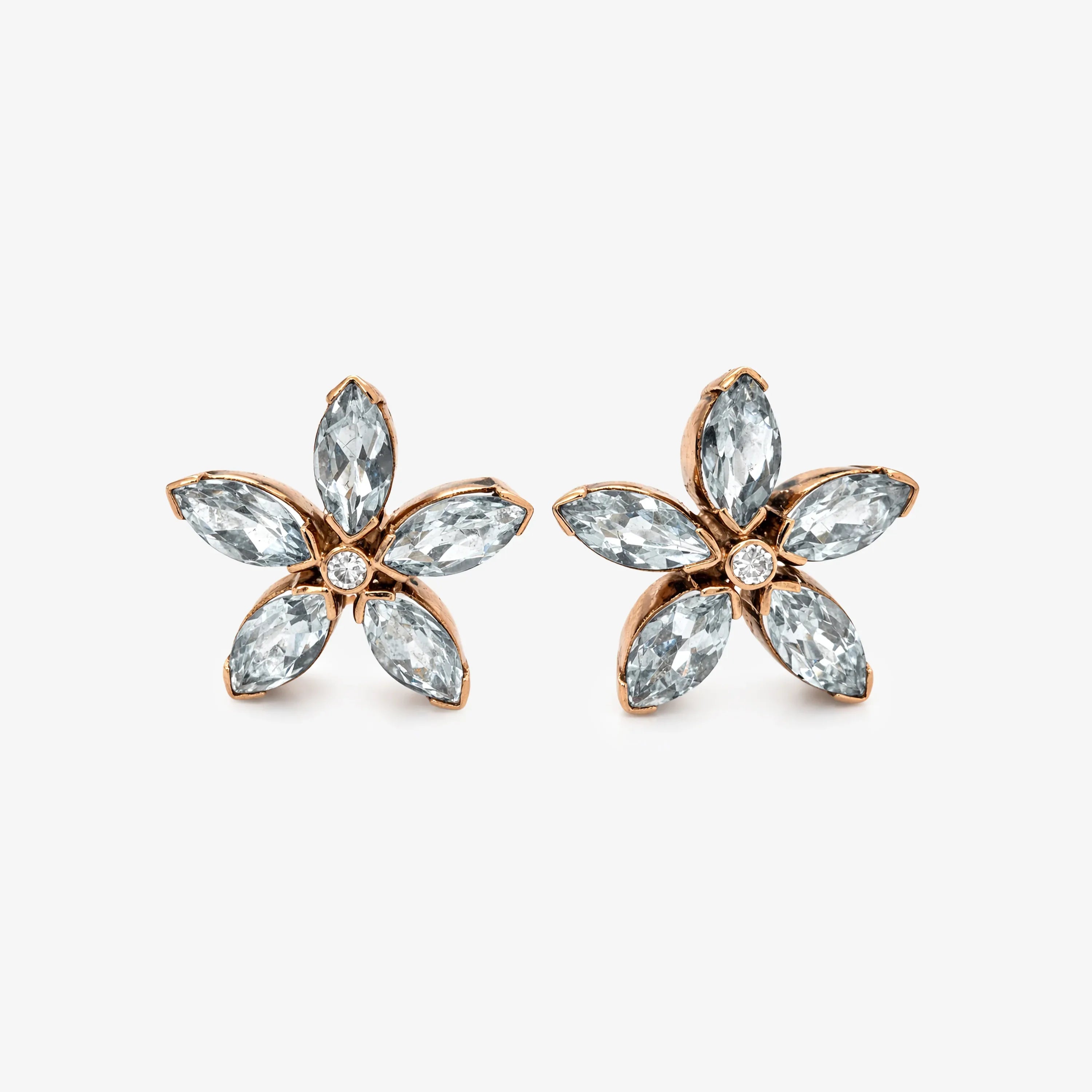 9ct Rose Gold Aquamarine and Diamond Flower Stud Earrings