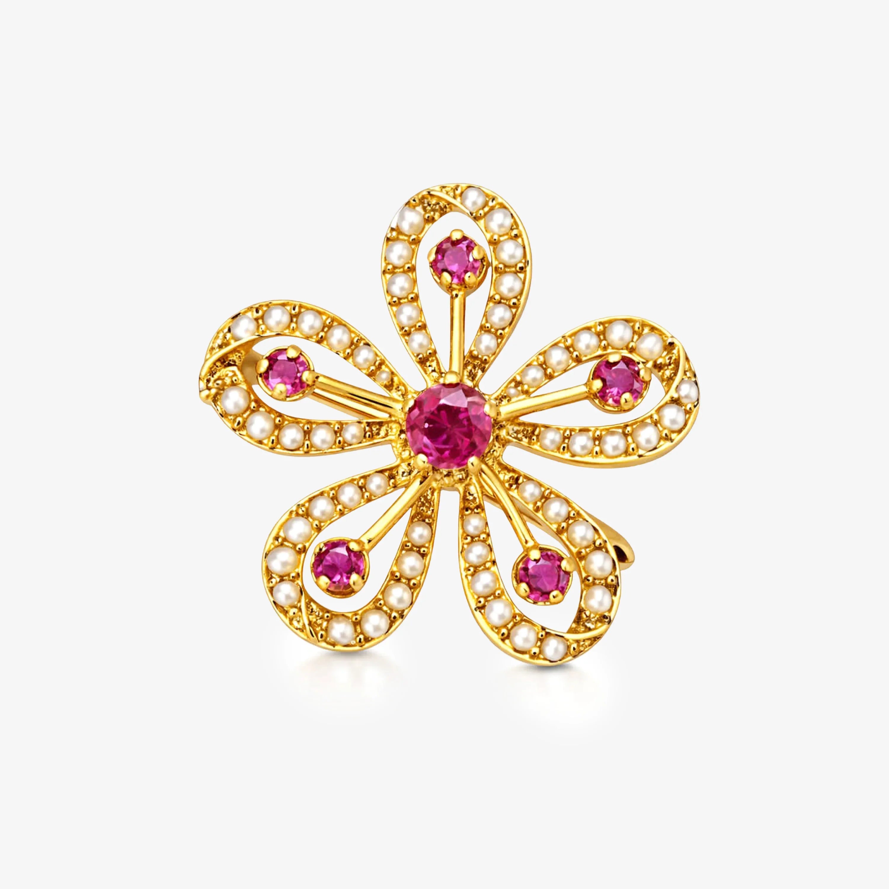Antique Ruby and Seed Pearl Floral Brooch in 9ct Yellow Gold