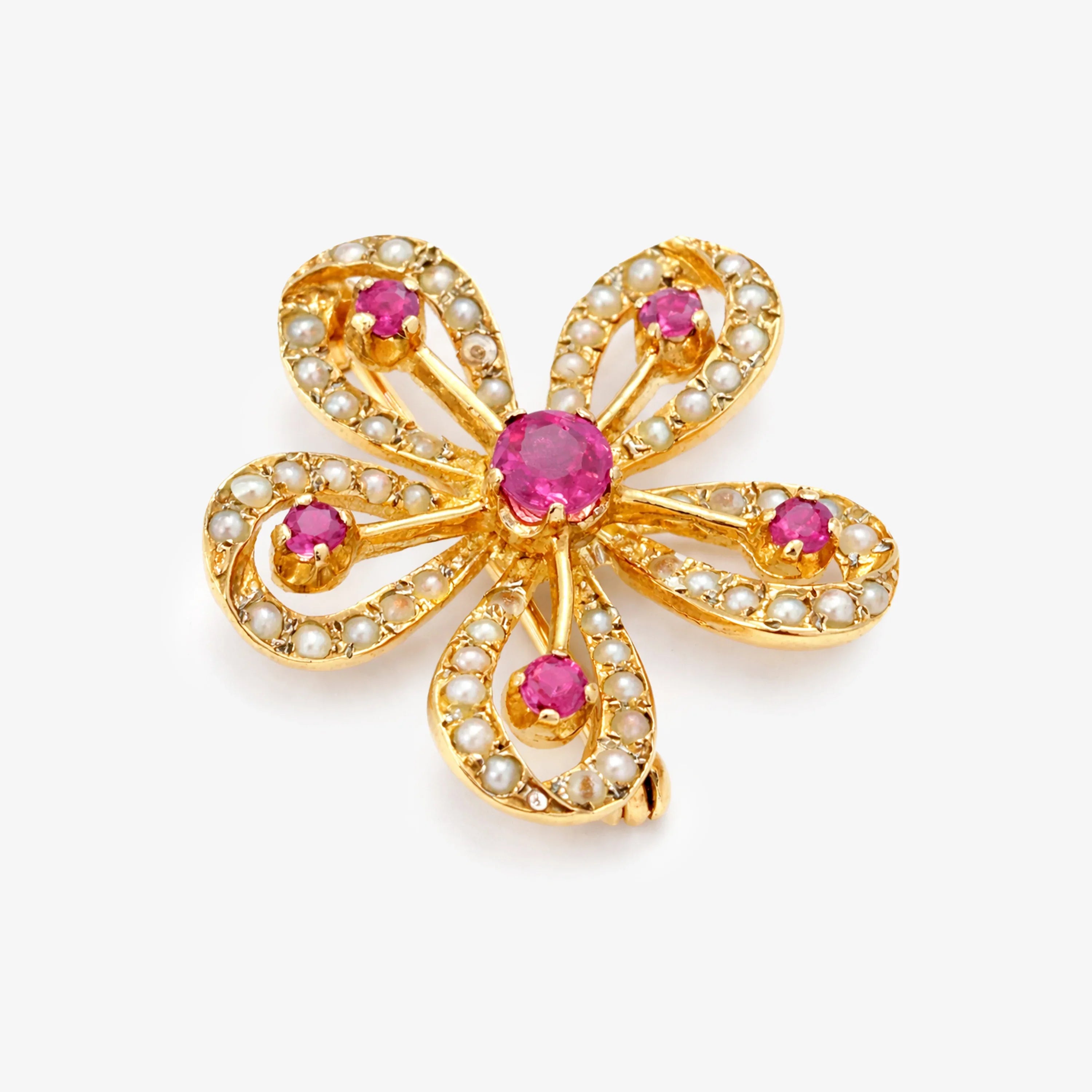 Antique Ruby and Seed Pearl Floral Brooch in 9ct Yellow Gold