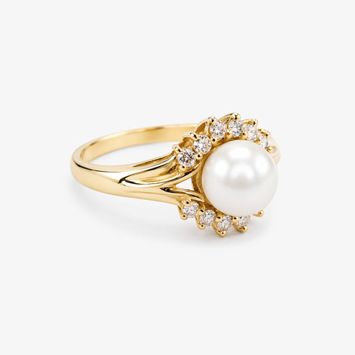 14ct Yellow Gold Cultured Pearl and Diamond Cluster Ring