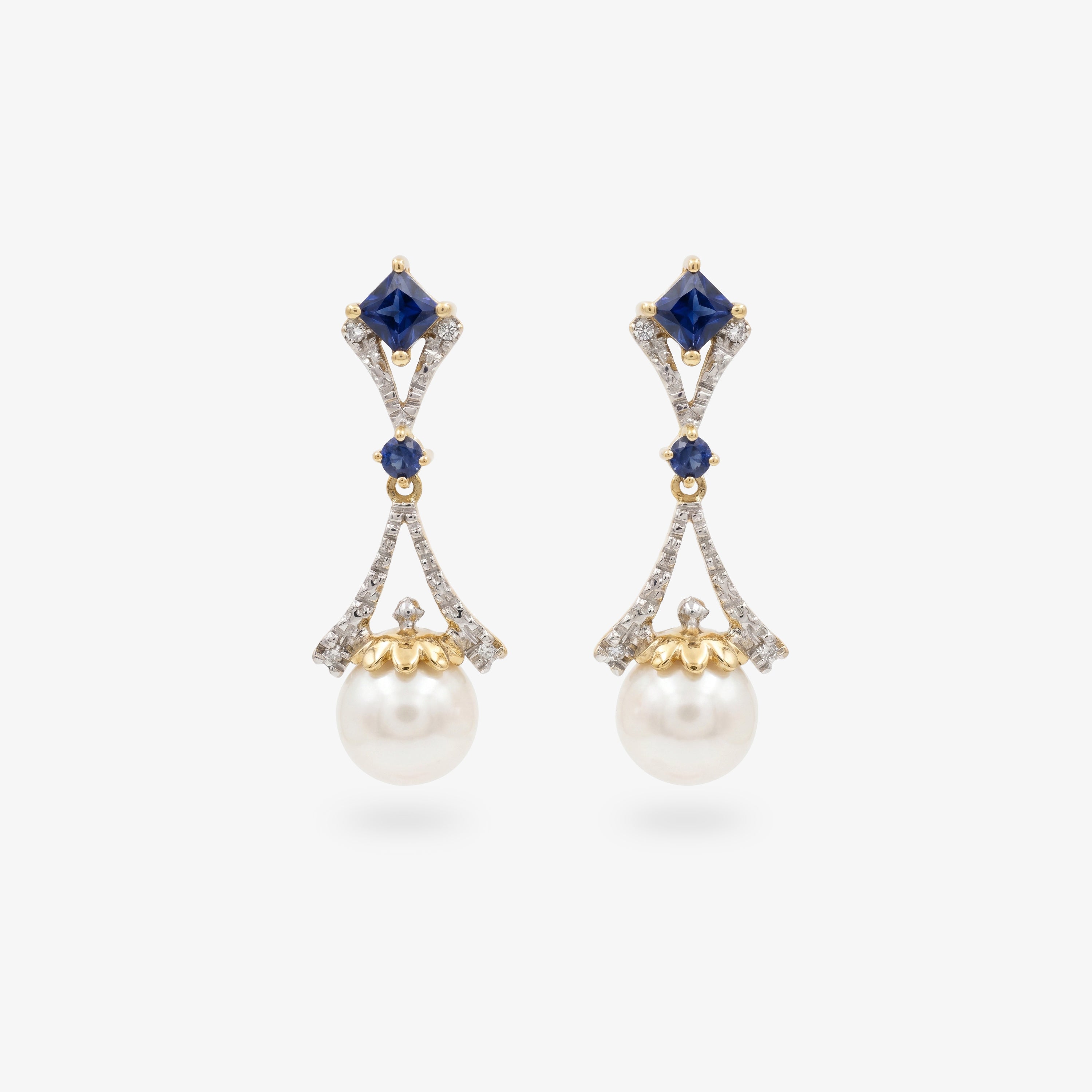 14ct Gold Sapphire and Cultured Pearl Drop Earrings