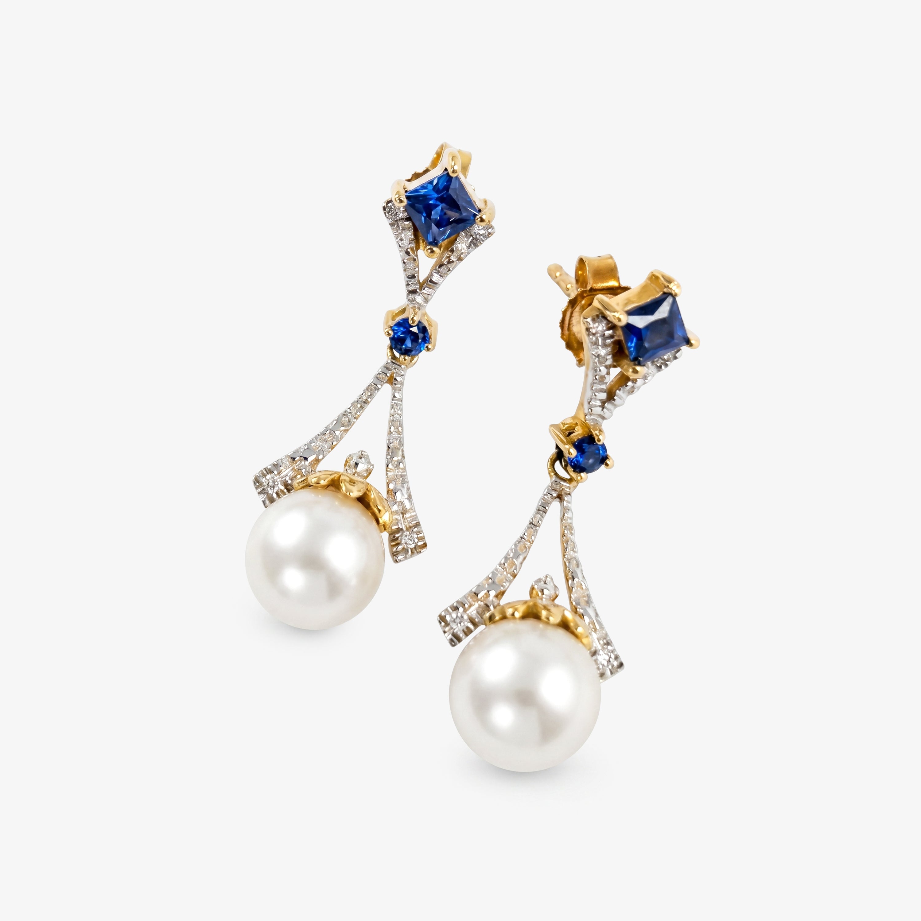 14ct Gold Sapphire and Cultured Pearl Drop Earrings