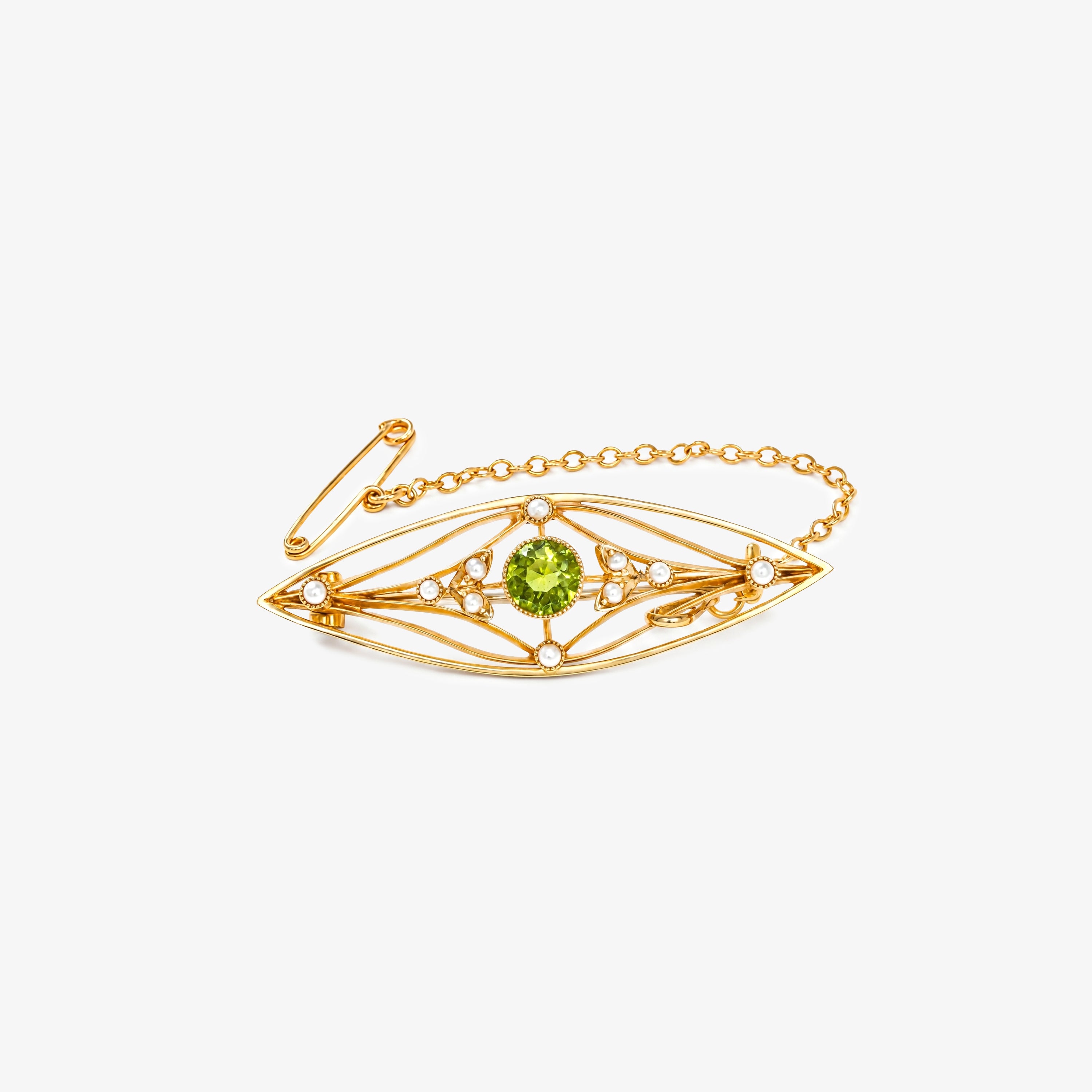 9ct Yellow Gold Edwardian Peridot and Pearl Brooch
