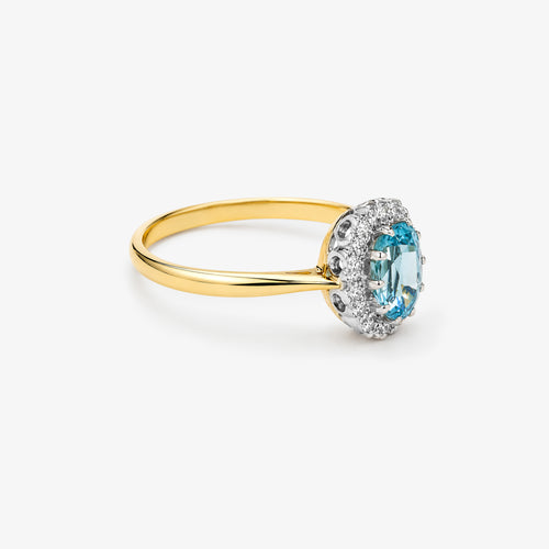 18ct Yellow Gold Blue Topaz and Diamond Cluster Ring