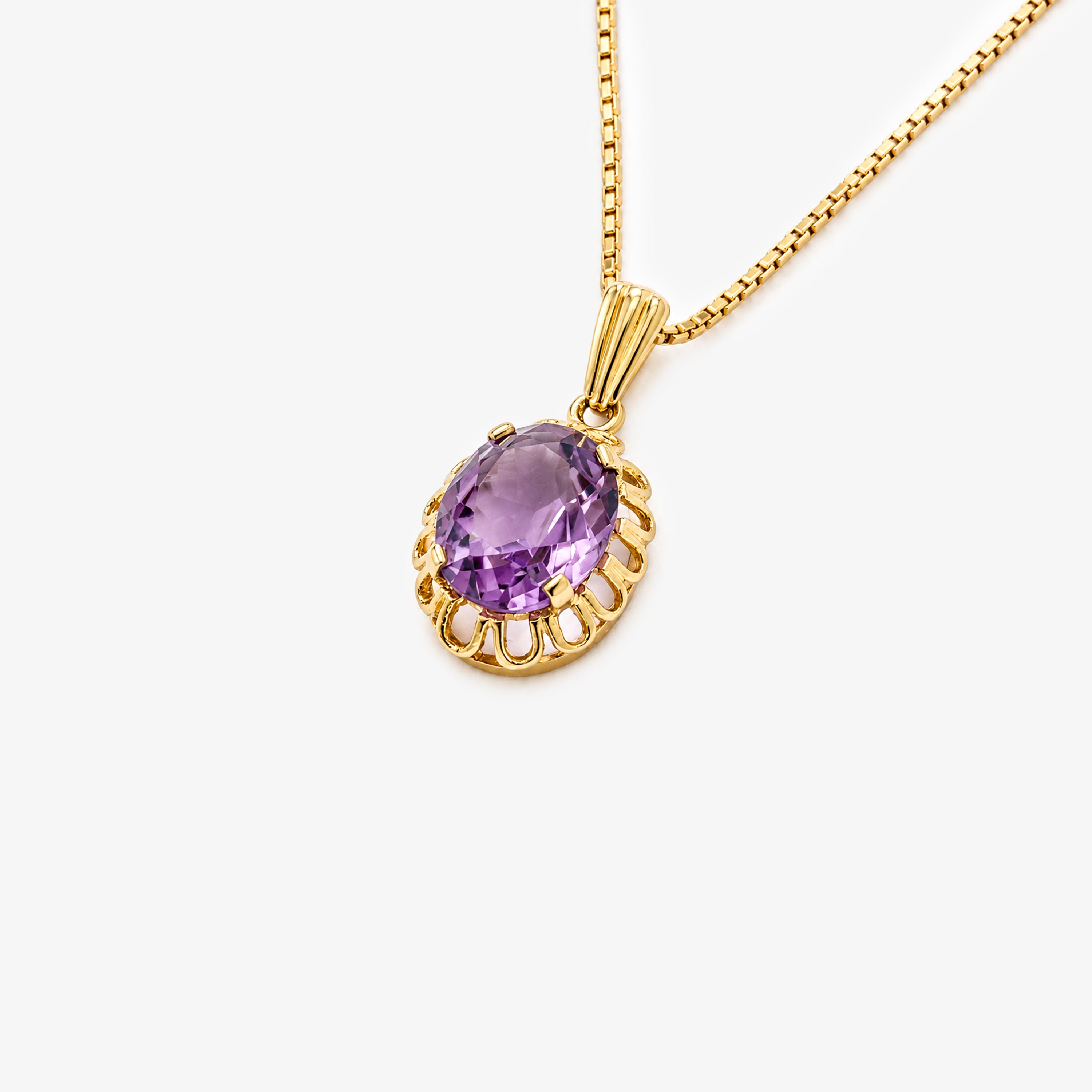 9ct Yellow Gold Oval Amethyst Pendant with Box Chain