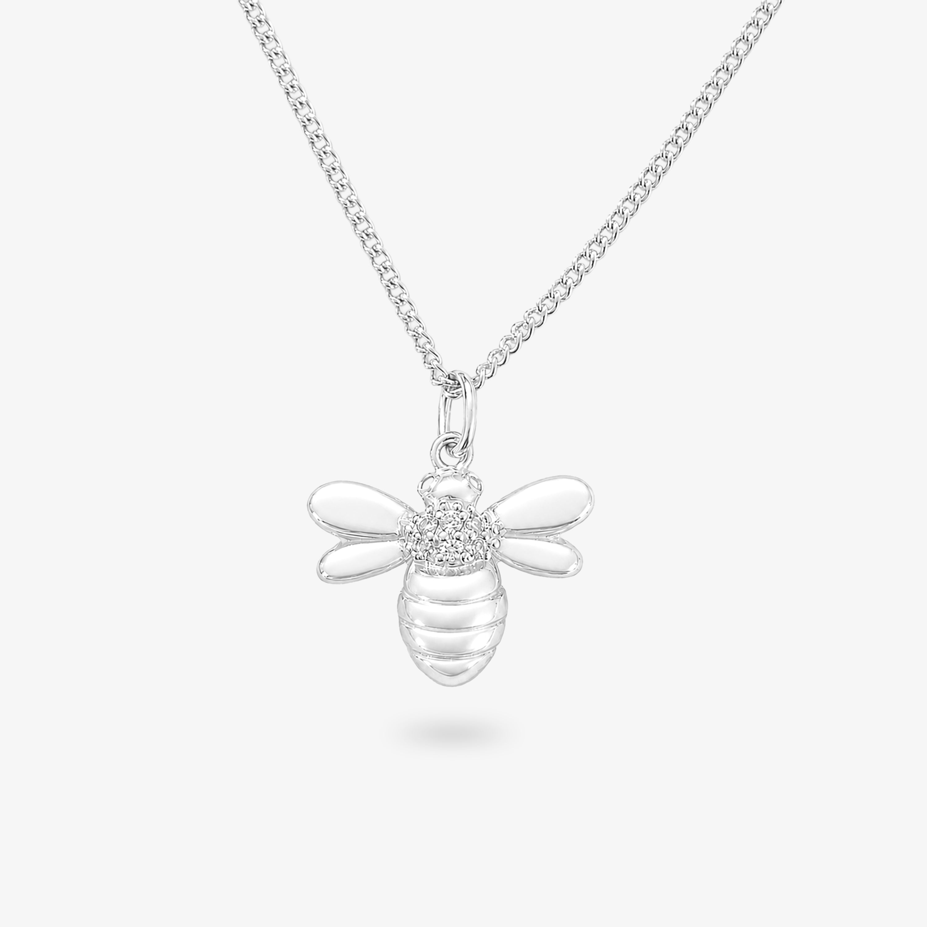 Silver CZ Bee Pendant Necklace with Curb Chain
