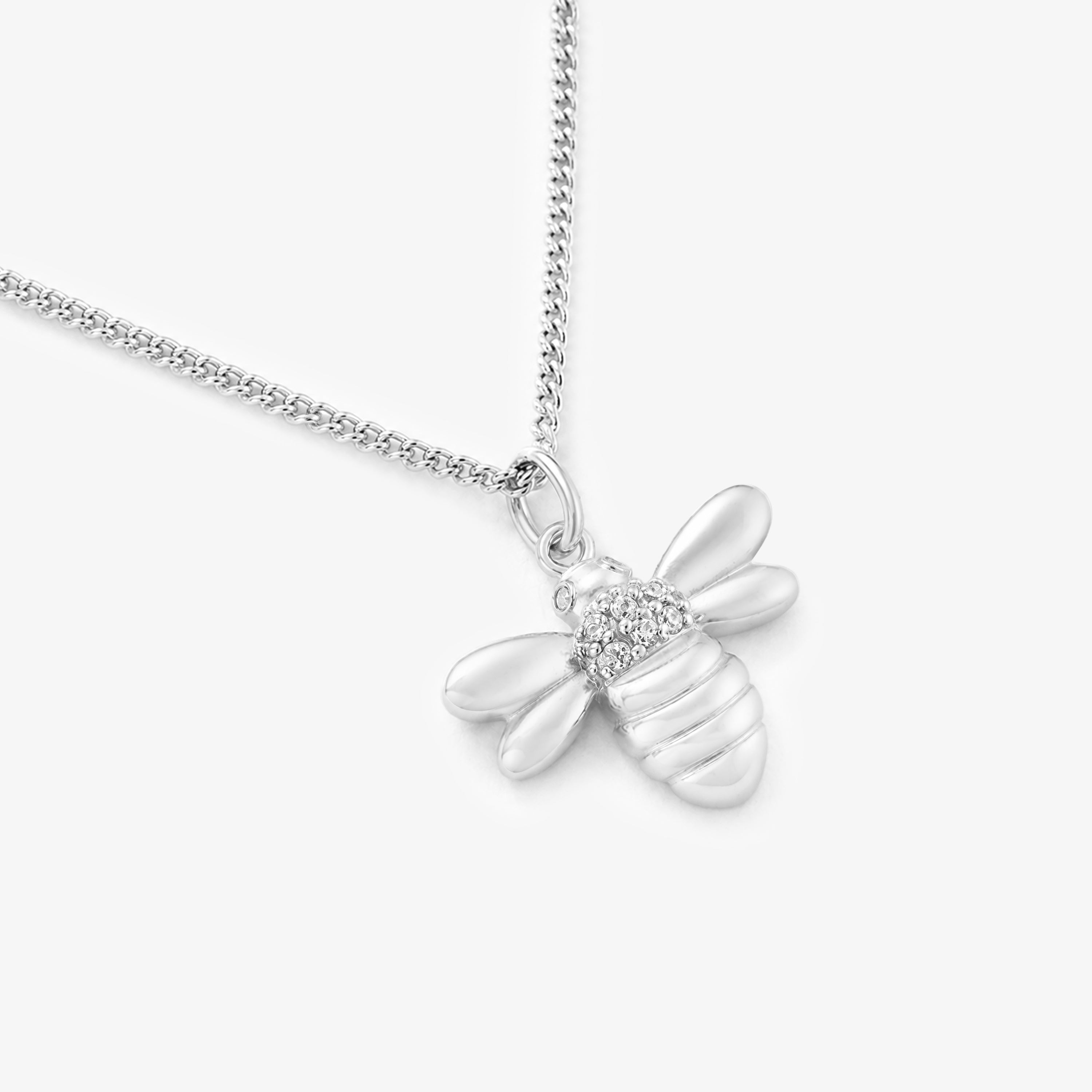 Silver CZ Bee Pendant Necklace with Curb Chain