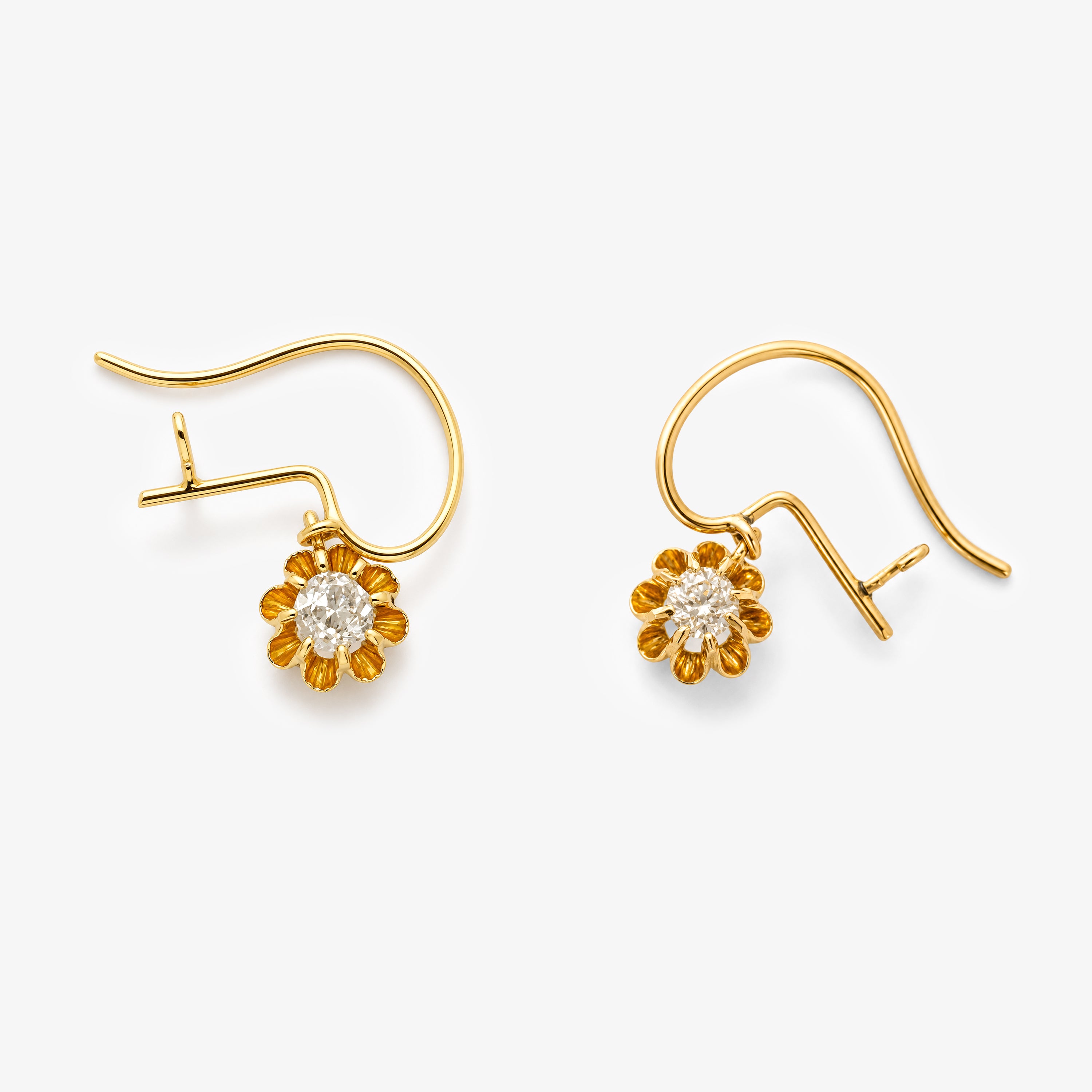 14ct Gold Old Mine Cut Diamond Flower Drop Earrings