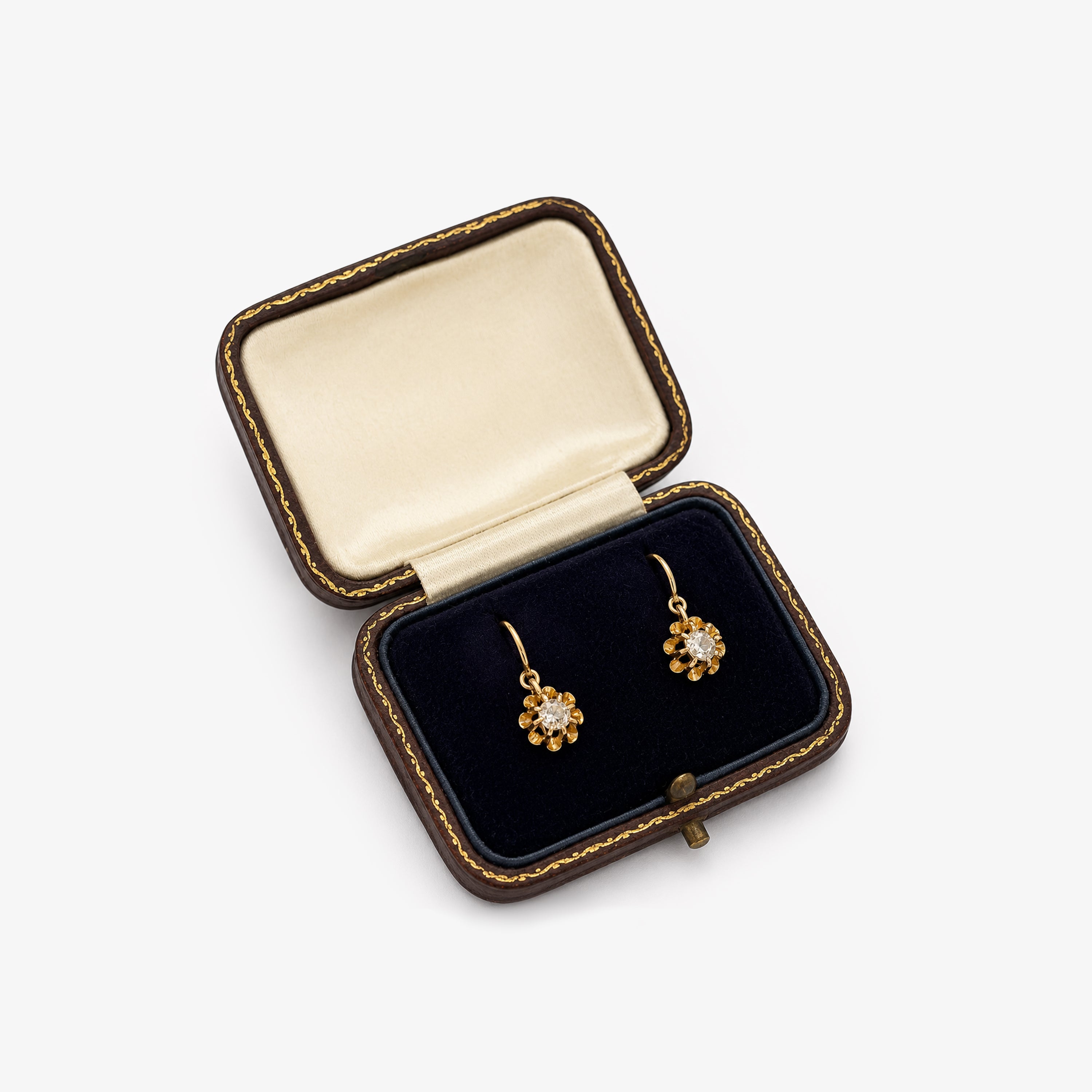 14ct Gold Old Mine Cut Diamond Flower Drop Earrings