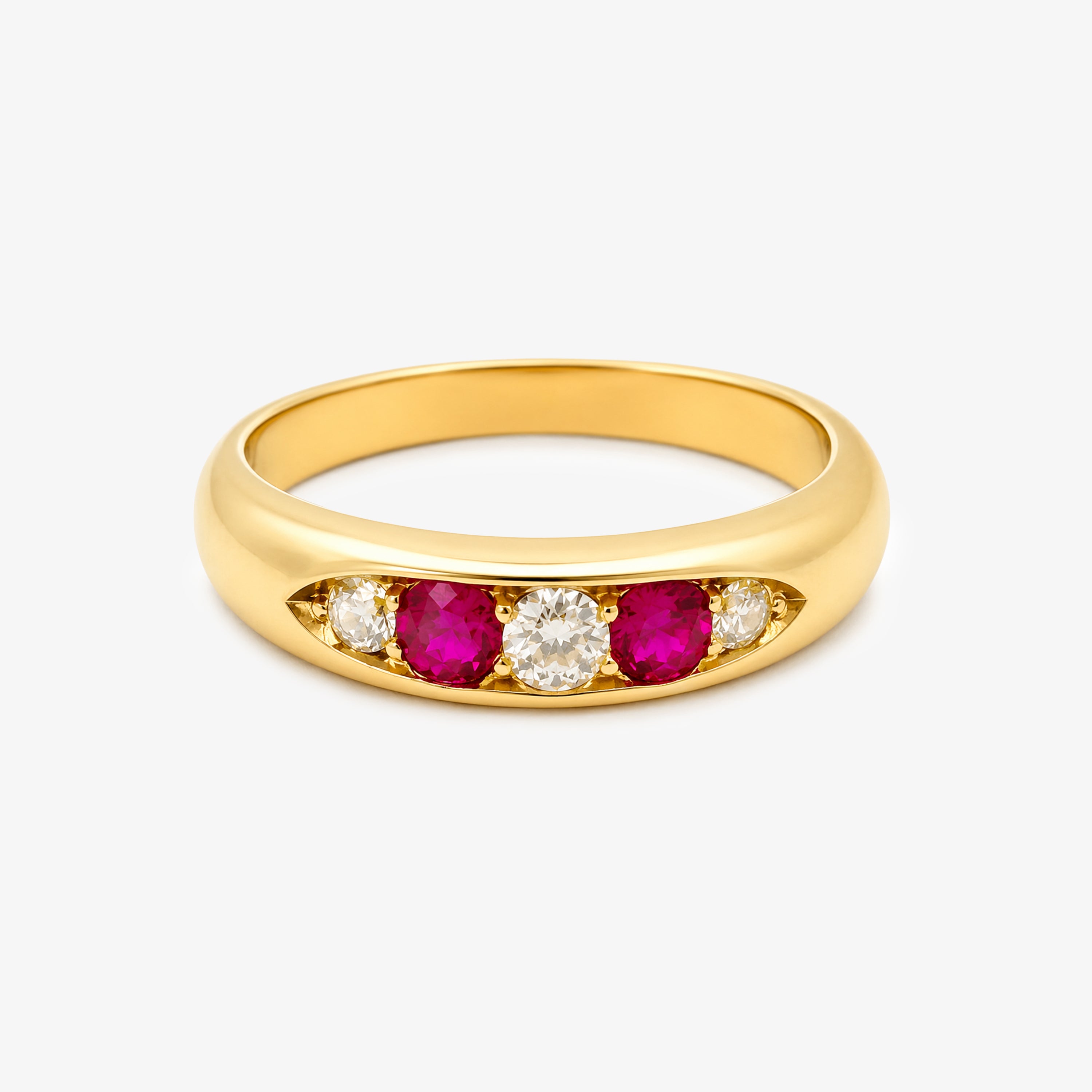 Antique 18ct Yellow Gold Ruby & Diamond Five Stone Boat Ring