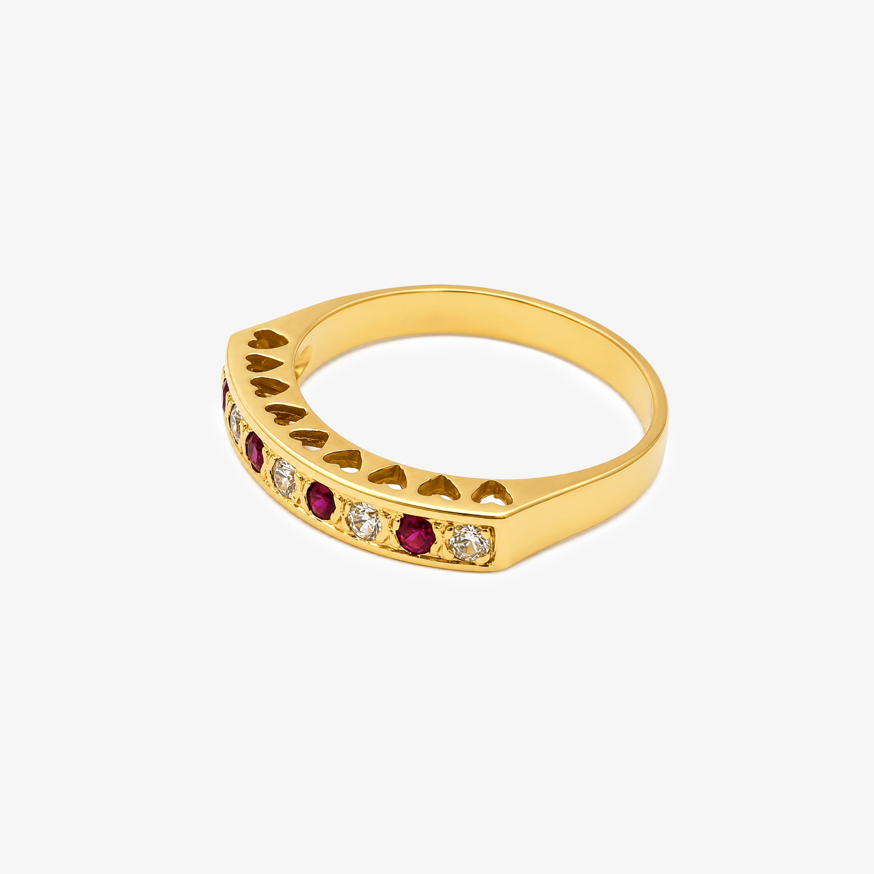9ct Yellow Gold Ruby & Diamond Heart Bridge Half Eternity Ring