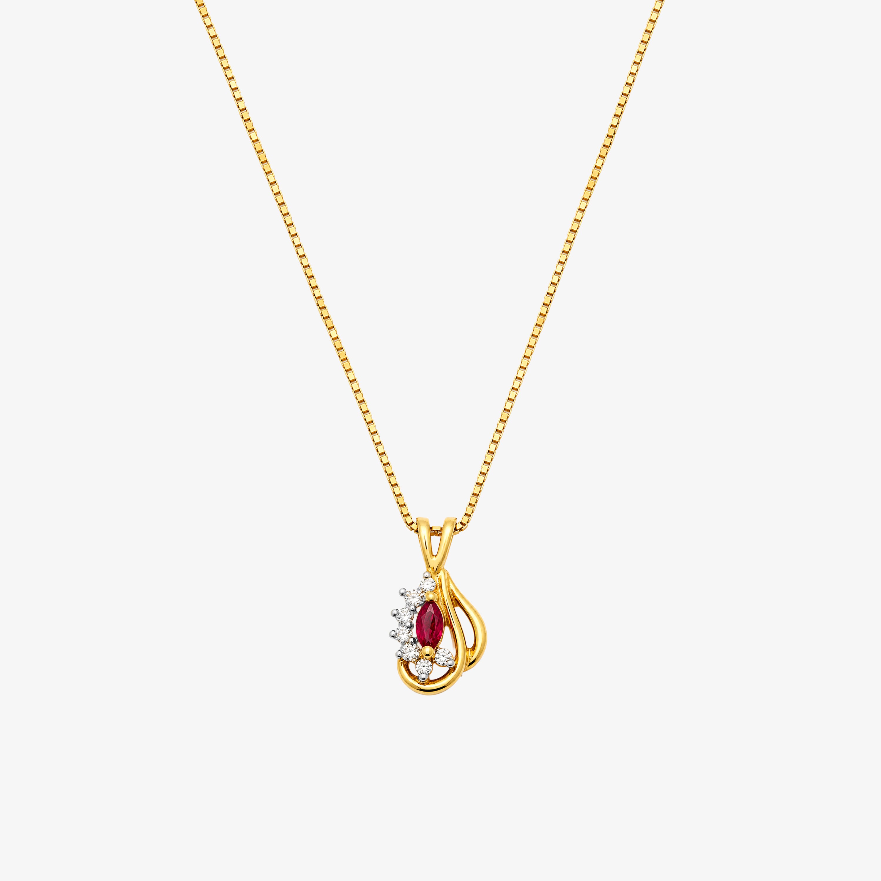 9ct Yellow Gold Marquise Ruby & Diamond Swirl Pendant Necklace