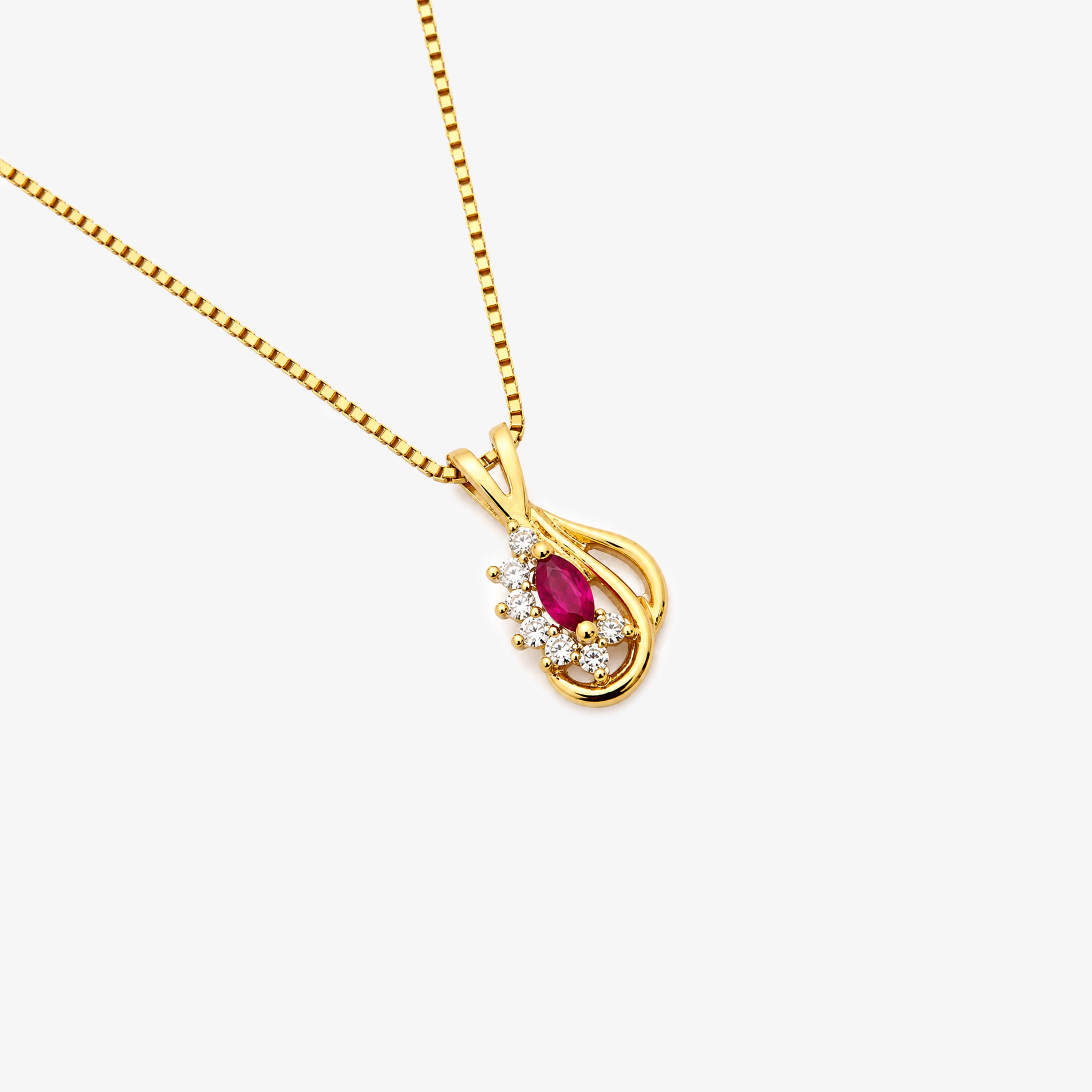 9ct Yellow Gold Marquise Ruby & Diamond Swirl Pendant Necklace
