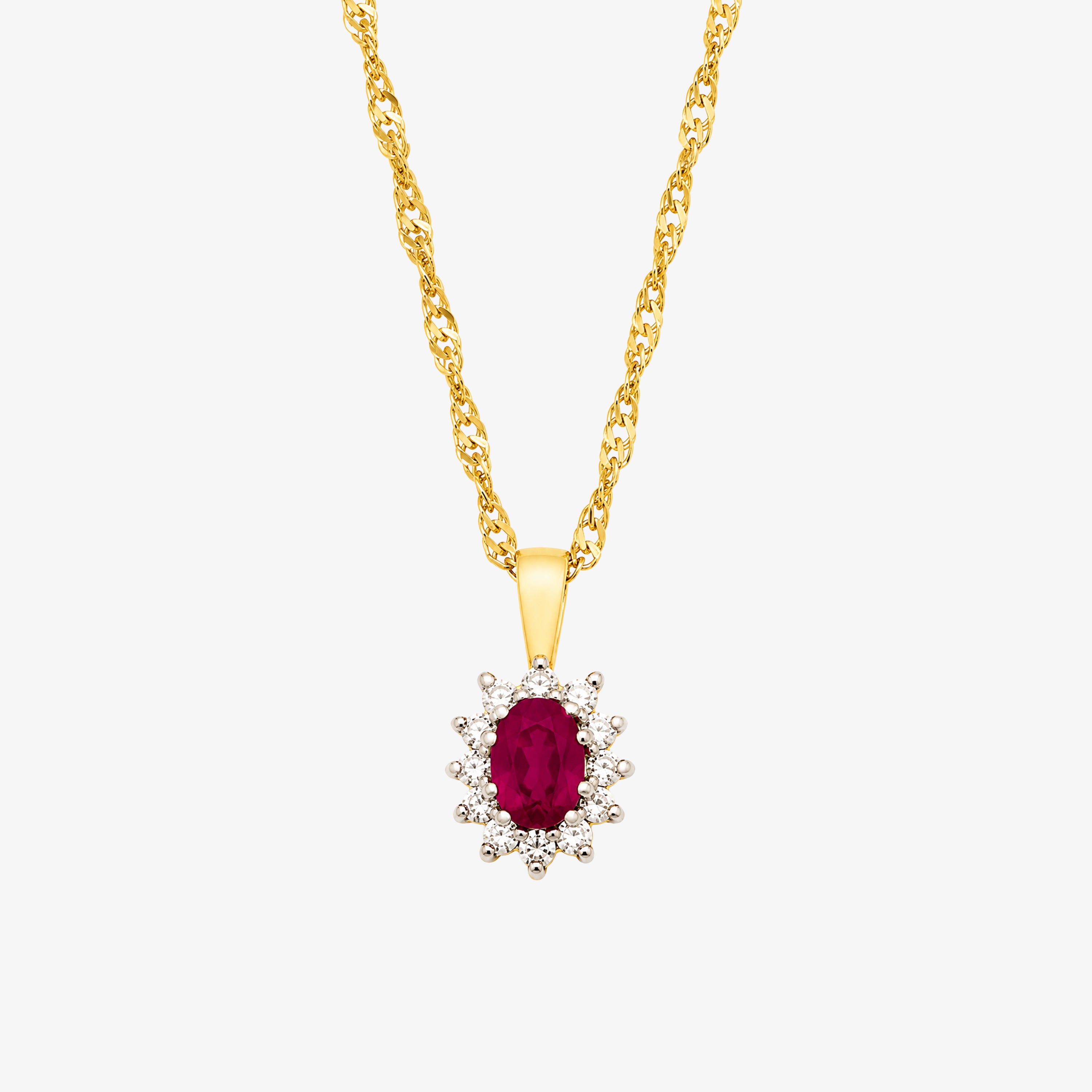 9ct Gold Oval Ruby & Diamond Cluster Pendant Necklace