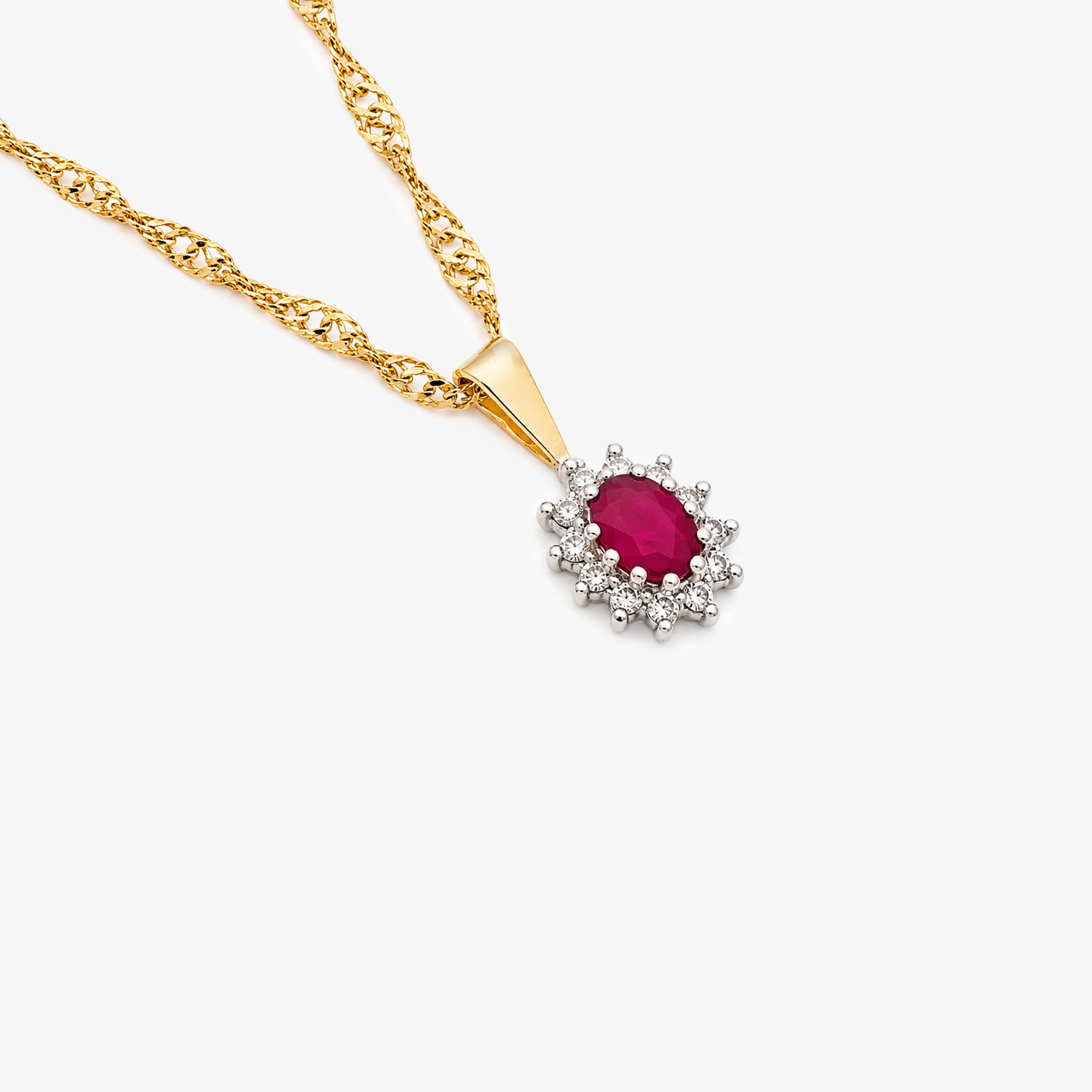 9ct Gold Oval Ruby & Diamond Cluster Pendant Necklace