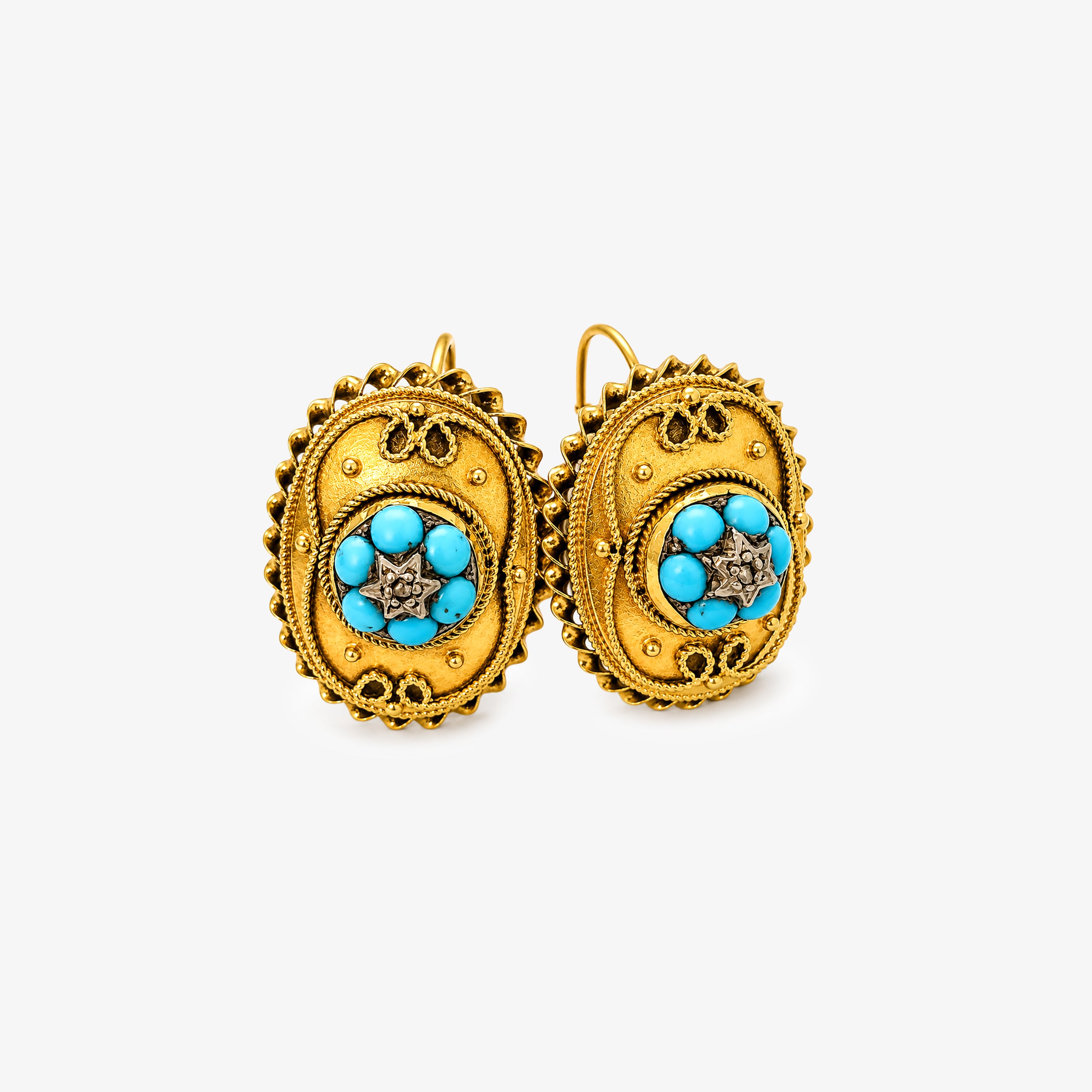 18ct Gold Victorian Etruscan Revival Turquoise & Diamond Brooch & Earring Set
