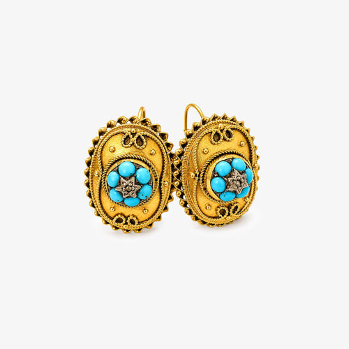 18ct Gold Victorian Etruscan Revival Turquoise & Diamond Brooch & Earring Set