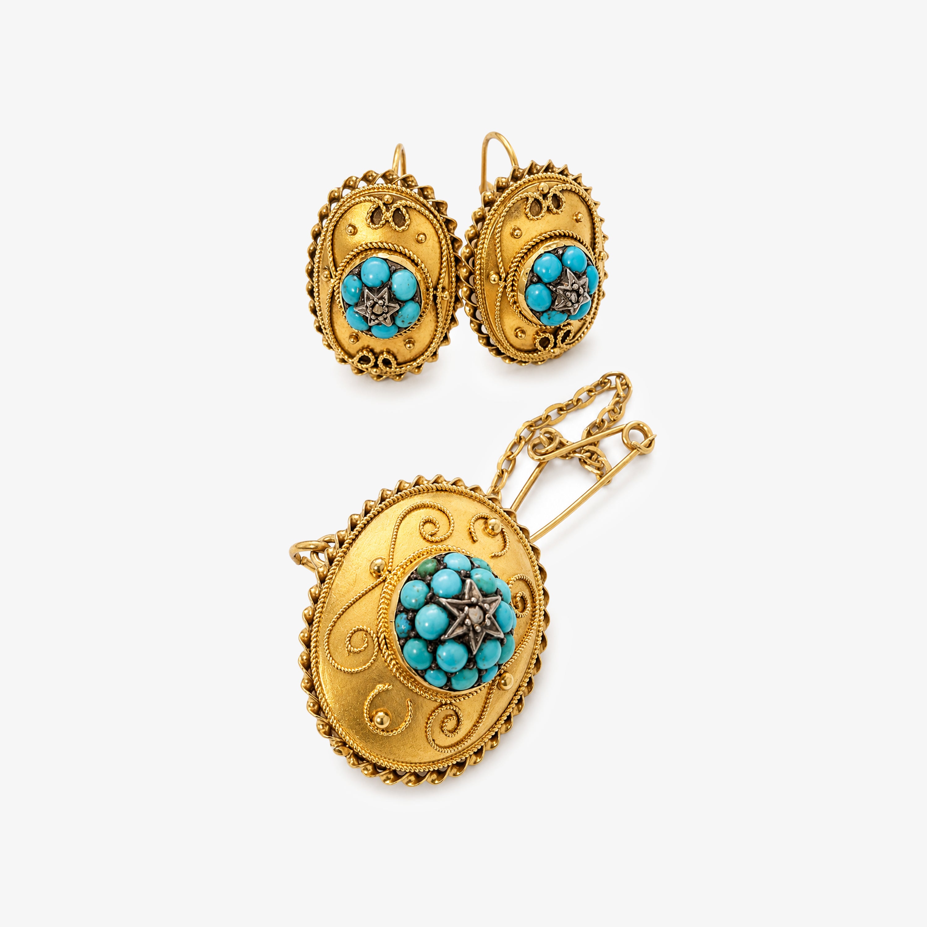 18ct Gold Victorian Etruscan Revival Turquoise & Diamond Brooch & Earring Set