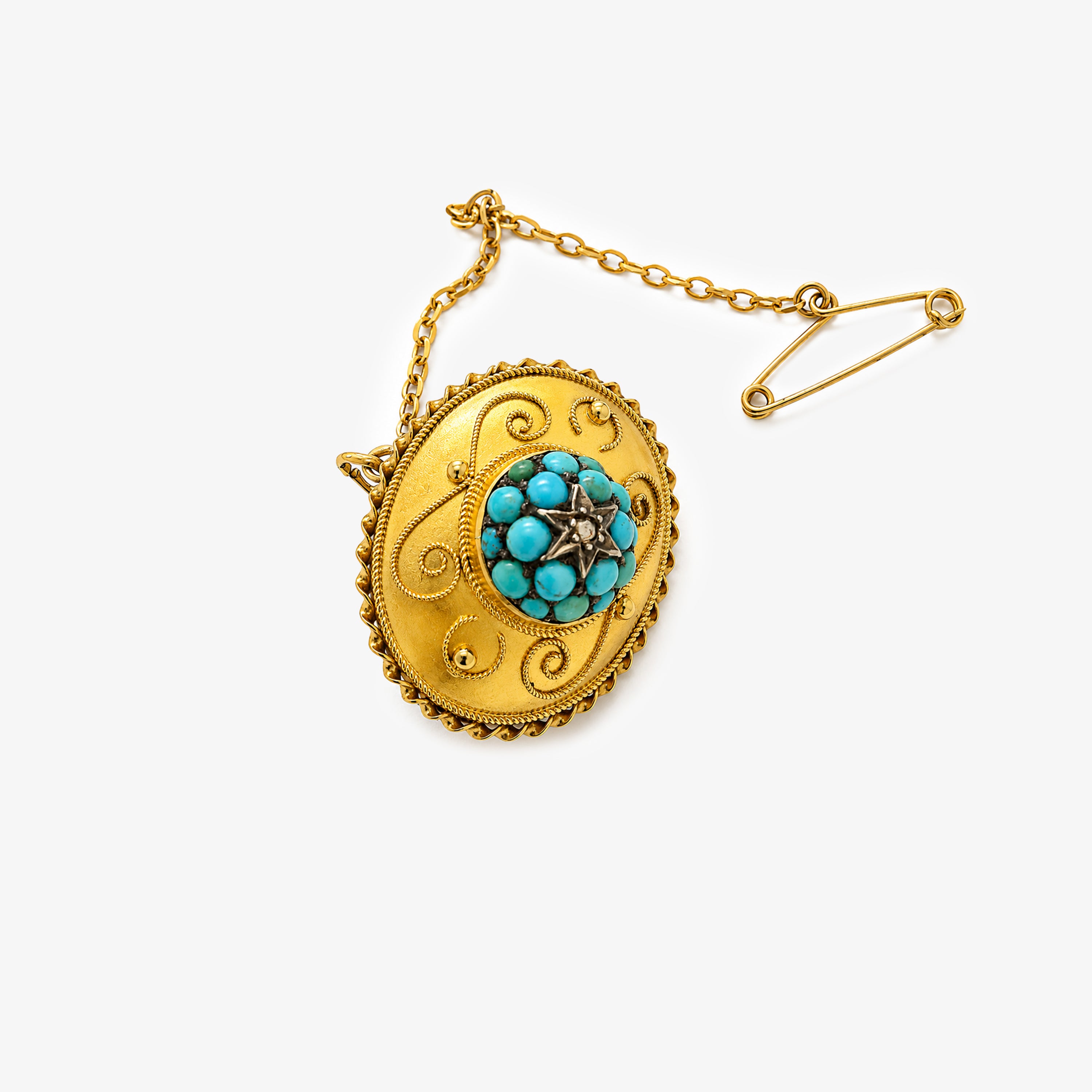 18ct Gold Victorian Etruscan Revival Turquoise & Diamond Brooch & Earring Set