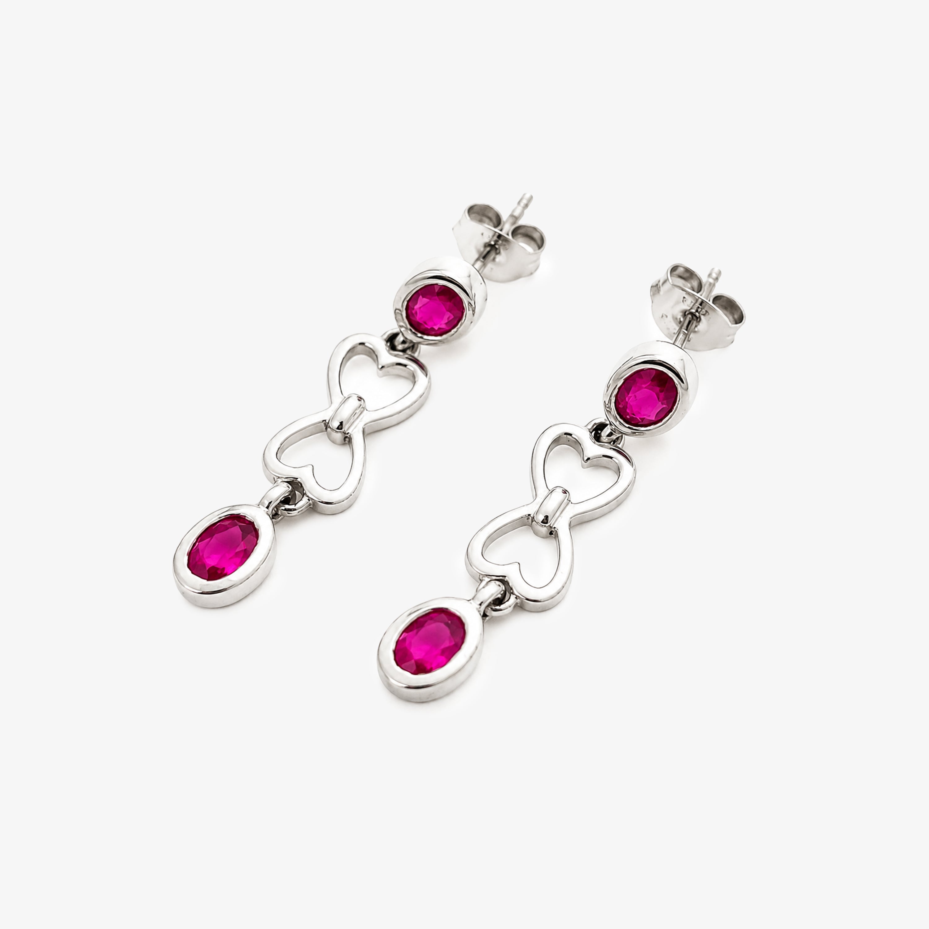 Silver Oval Ruby Double Drop Heart Earrings