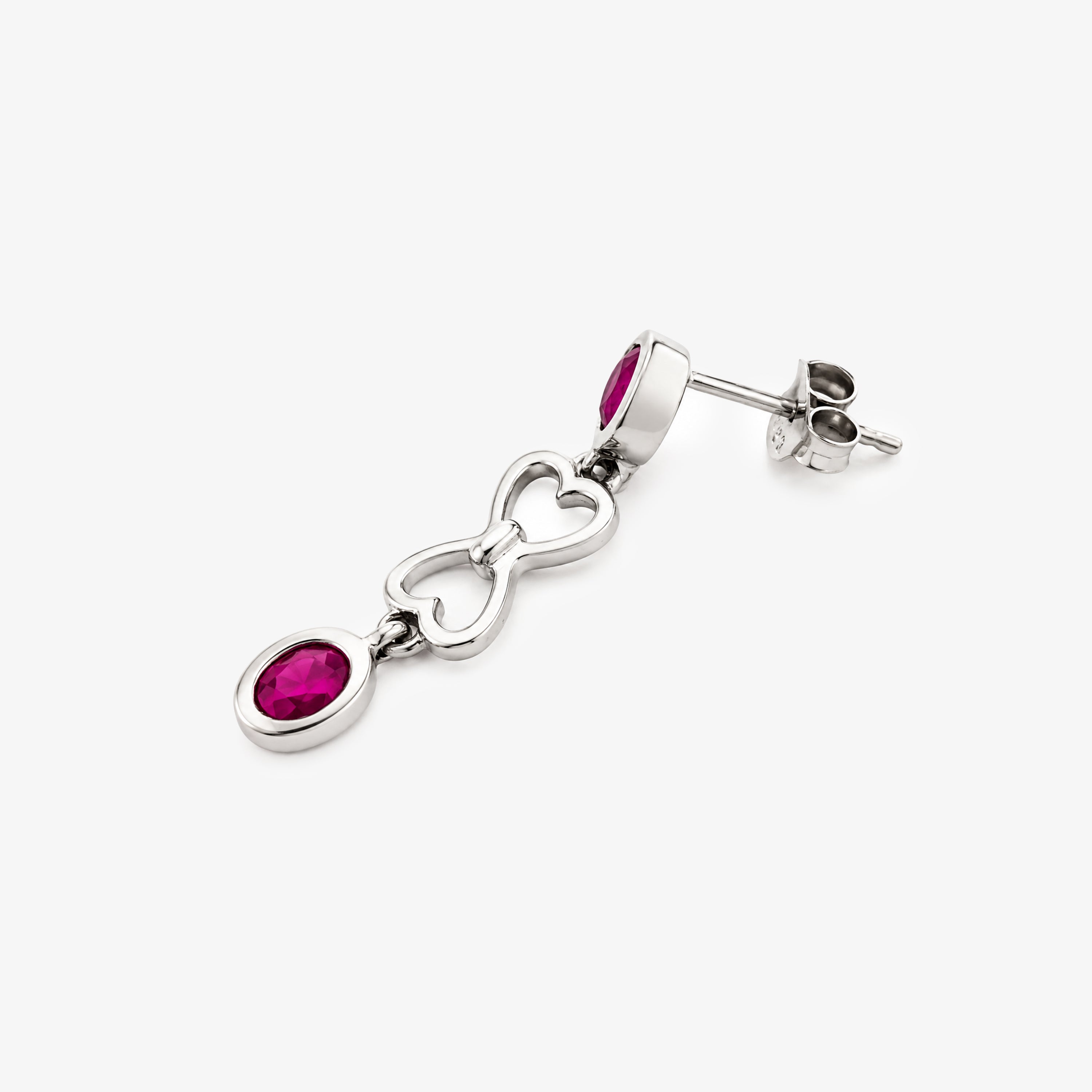 Silver Oval Ruby Double Drop Heart Earrings