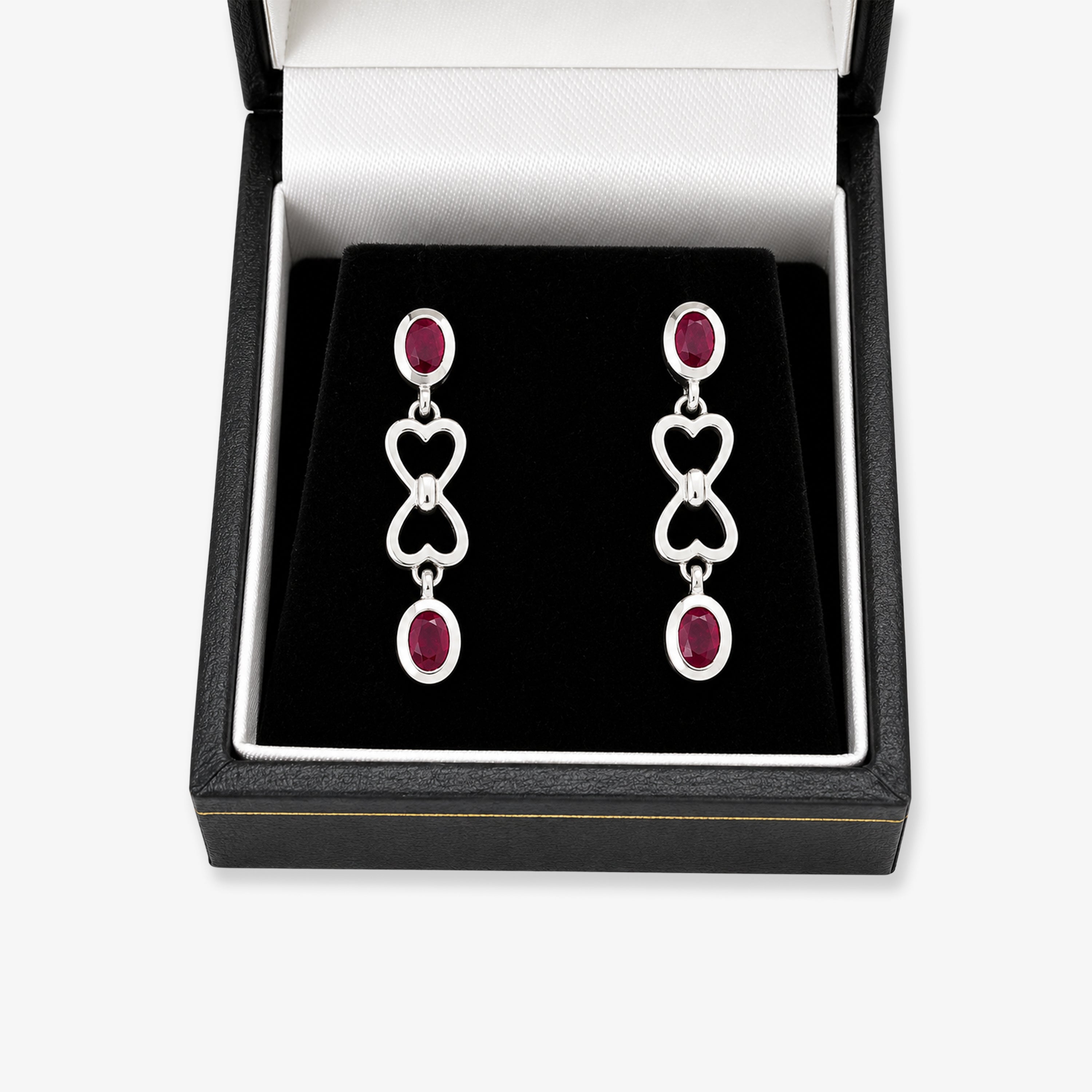 Silver Oval Ruby Double Drop Heart Earrings