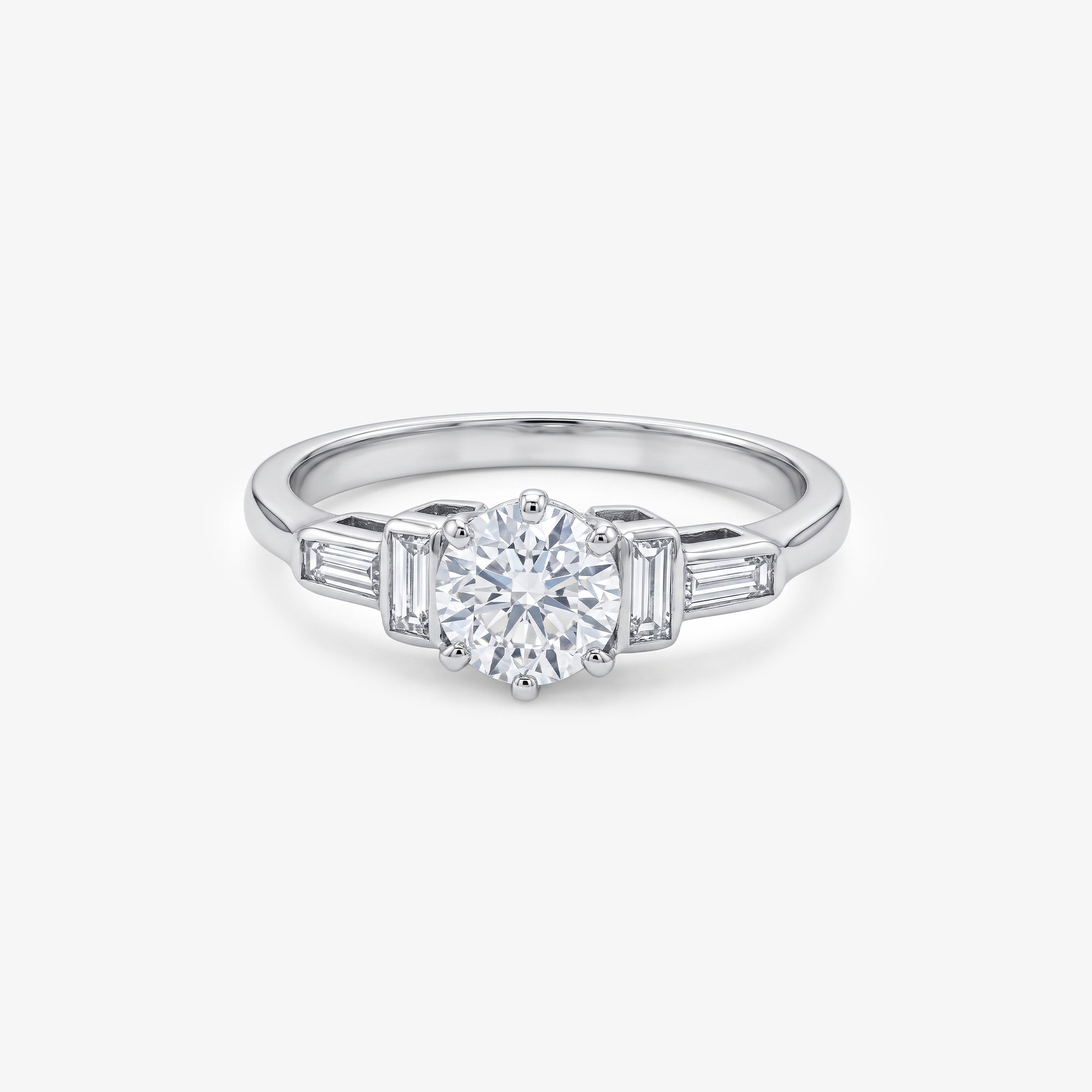Platinum Art Deco Diamond Solitaire Ring with Baguette Shoulders