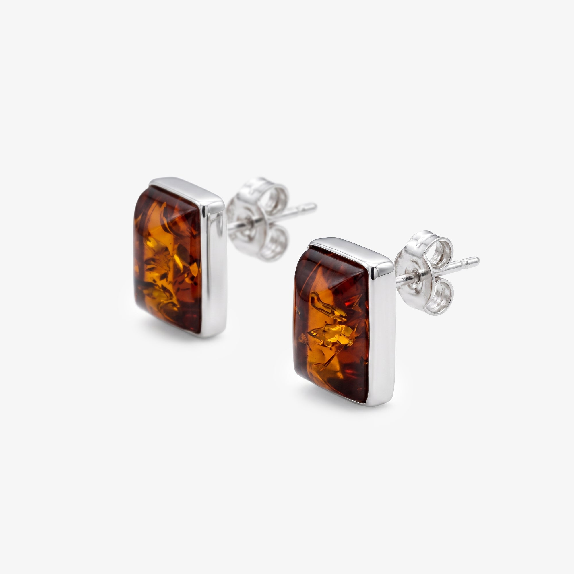 Sterling Silver Rectangular Cabochon Amber Stud Earrings
