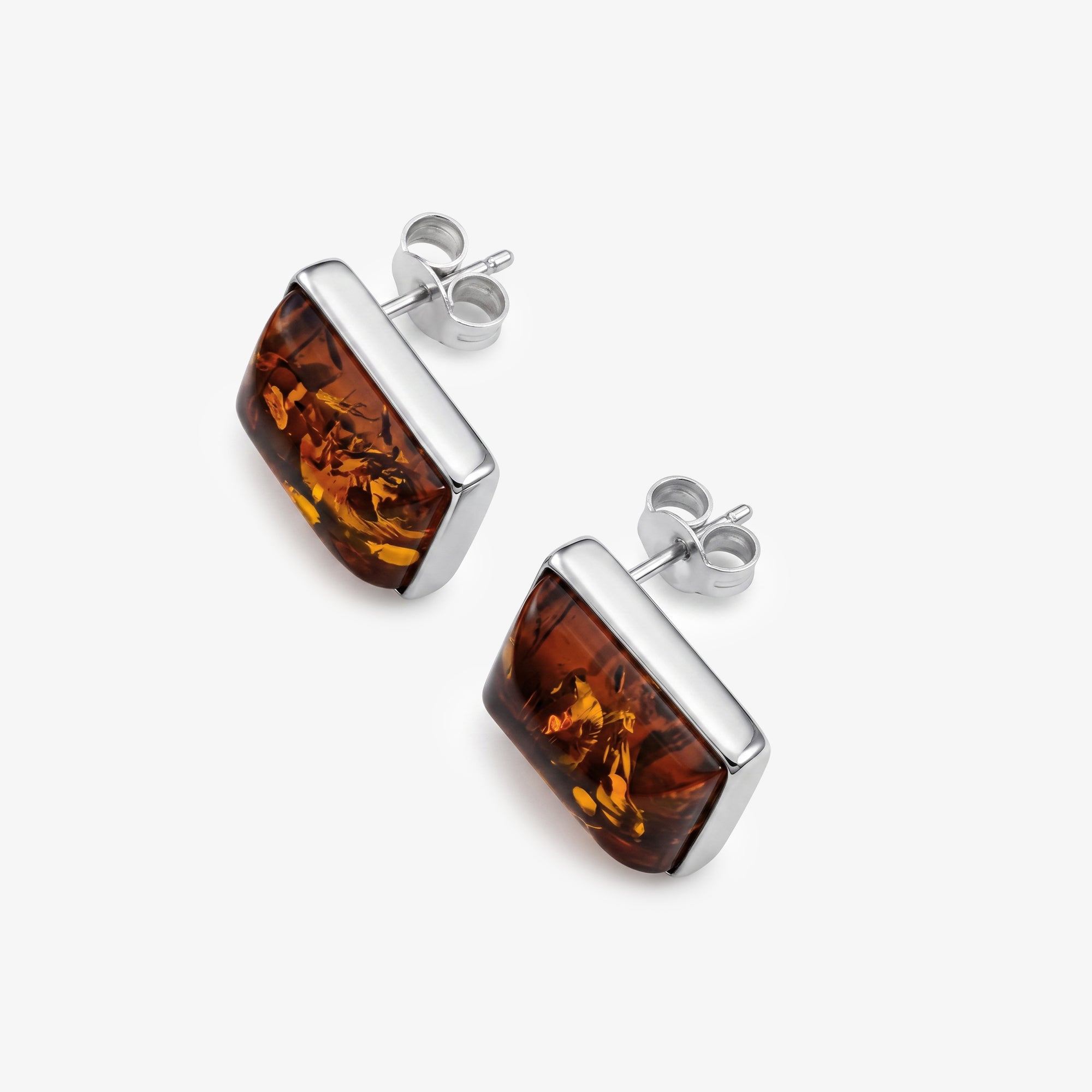 Sterling Silver Rectangular Cabochon Amber Stud Earrings