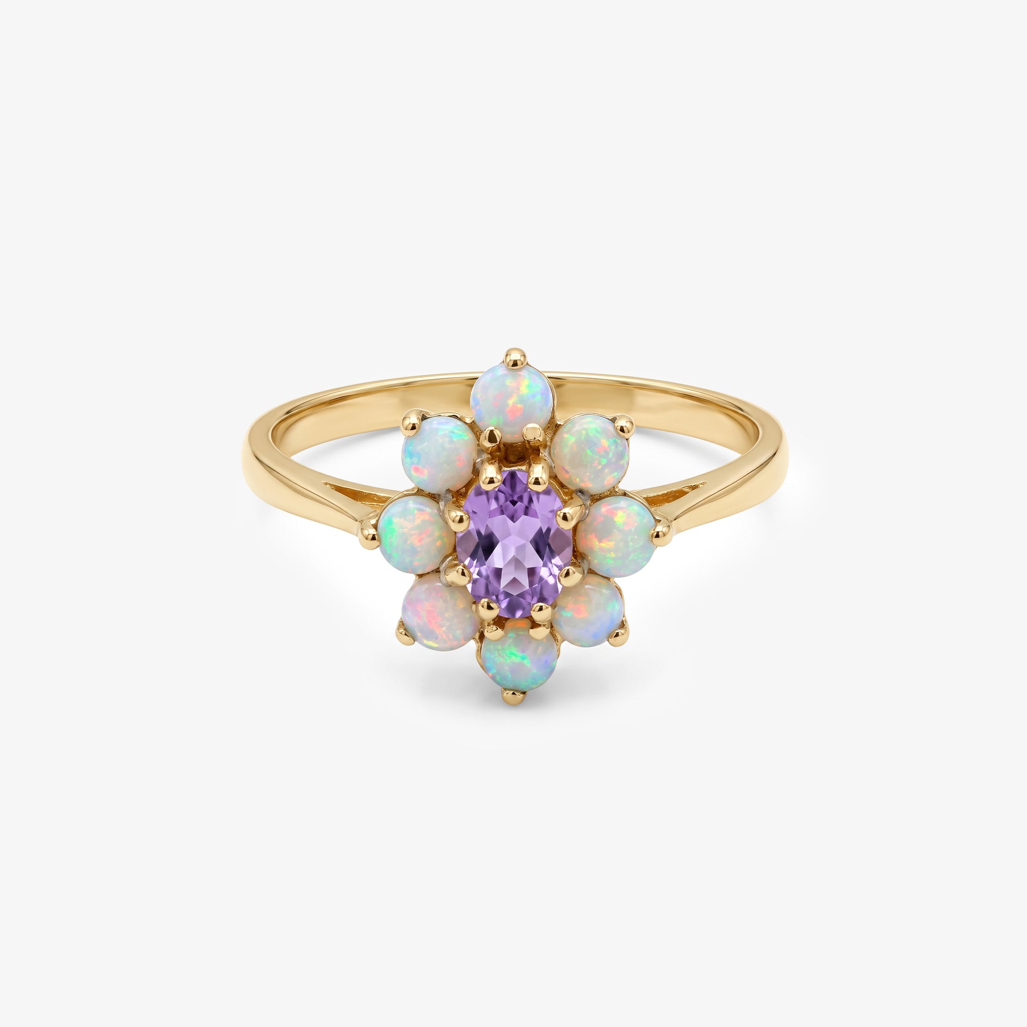 9ct Yellow Gold Amethyst & Opal Flower Cluster Ring