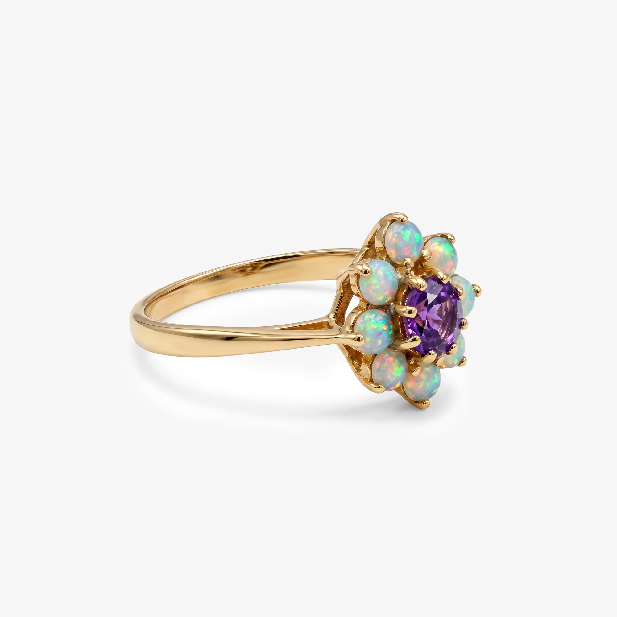 9ct Yellow Gold Amethyst & Opal Flower Cluster Ring