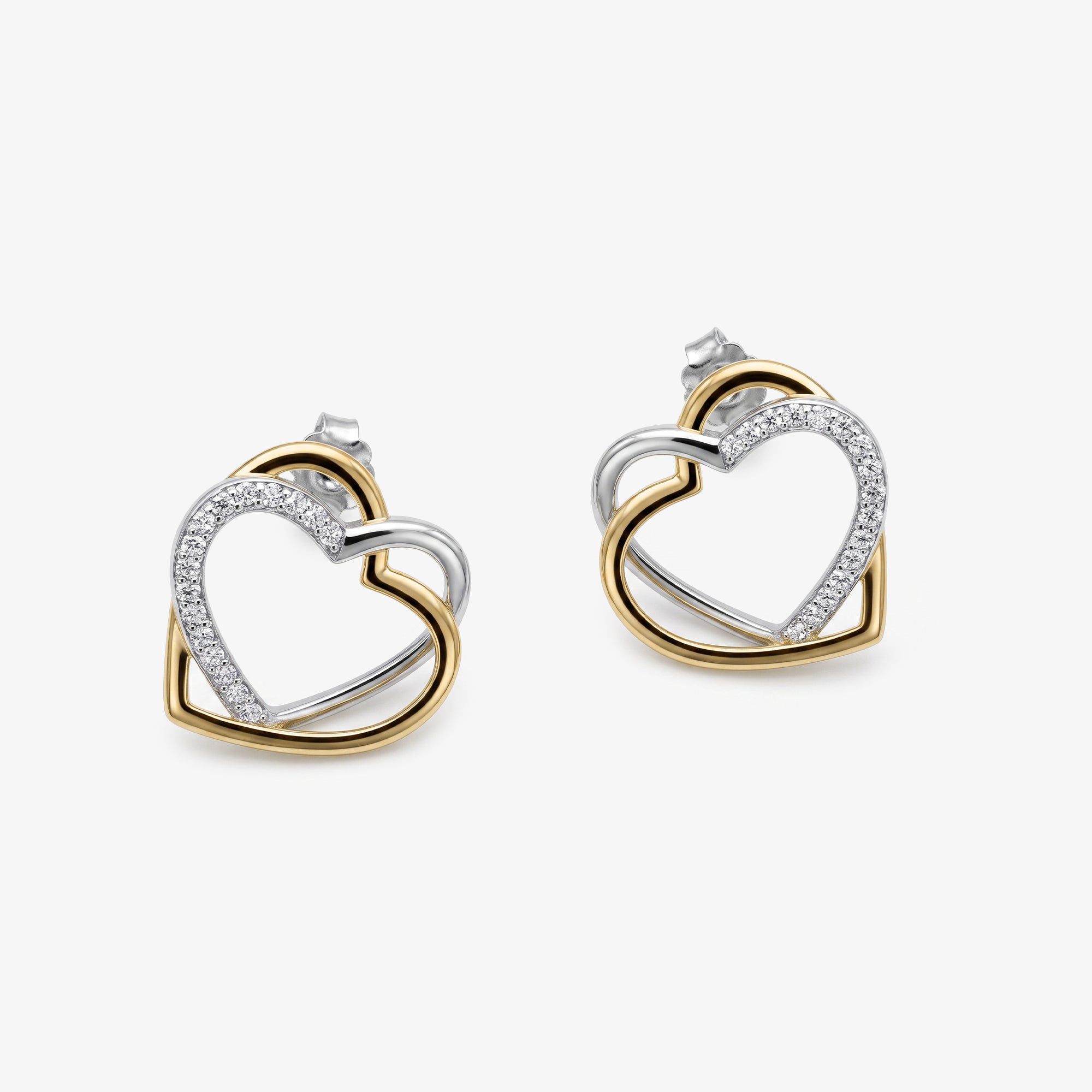Sterling Silver Bi-Colour Interlocking CZ Heart Stud Earrings
