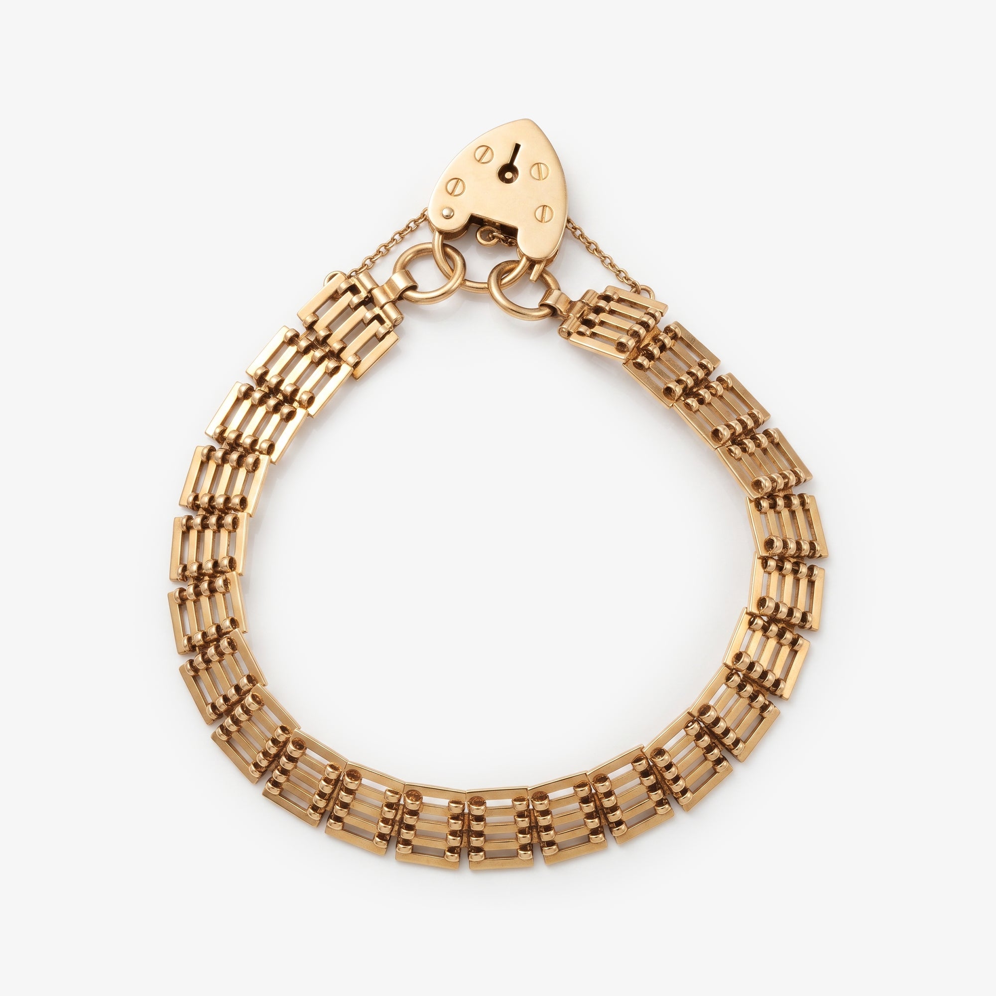 9ct Yellow Gold Vintage Diamond Cut Gate Bracelet with Heart Padlock