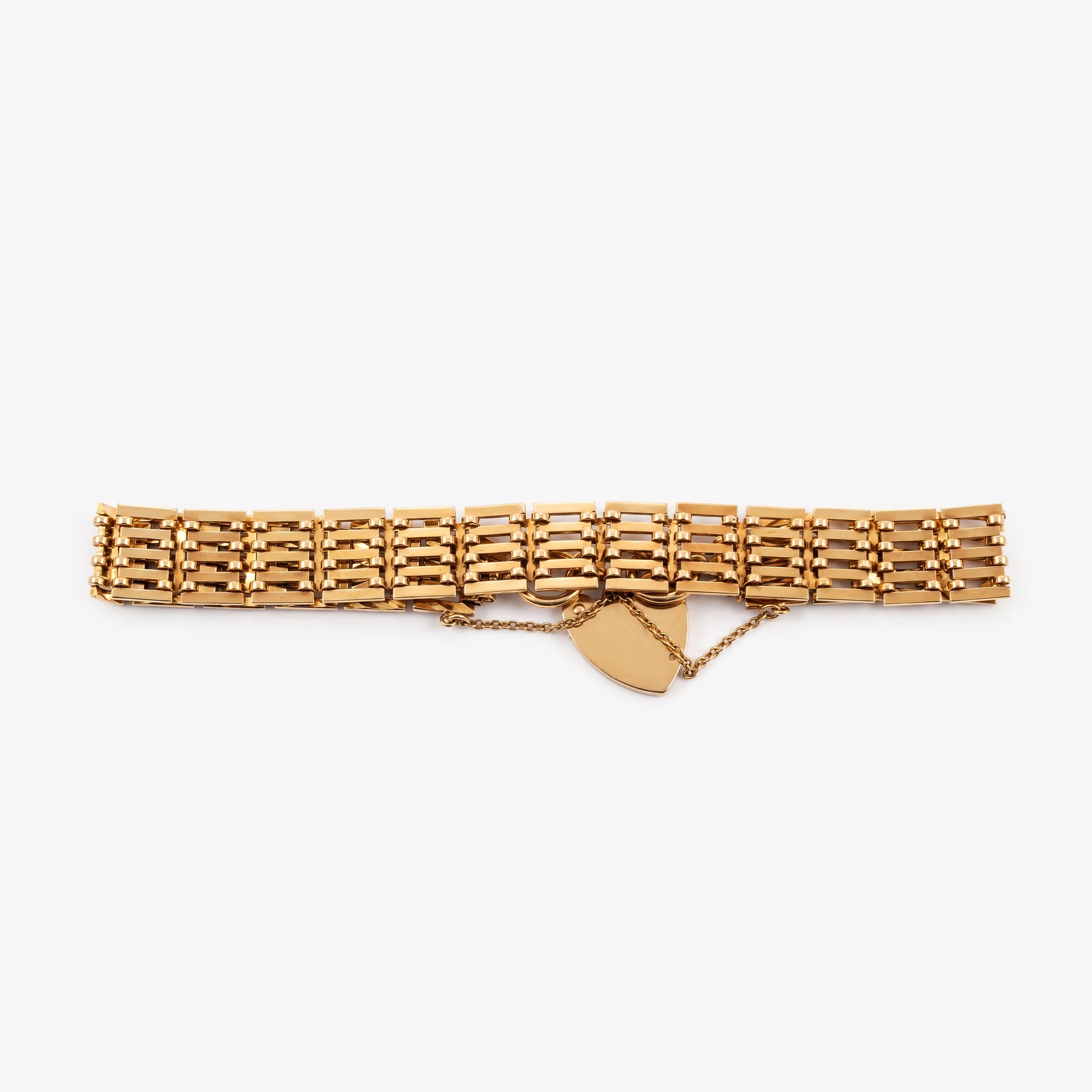 9ct Yellow Gold Vintage Diamond Cut Gate Bracelet with Heart Padlock